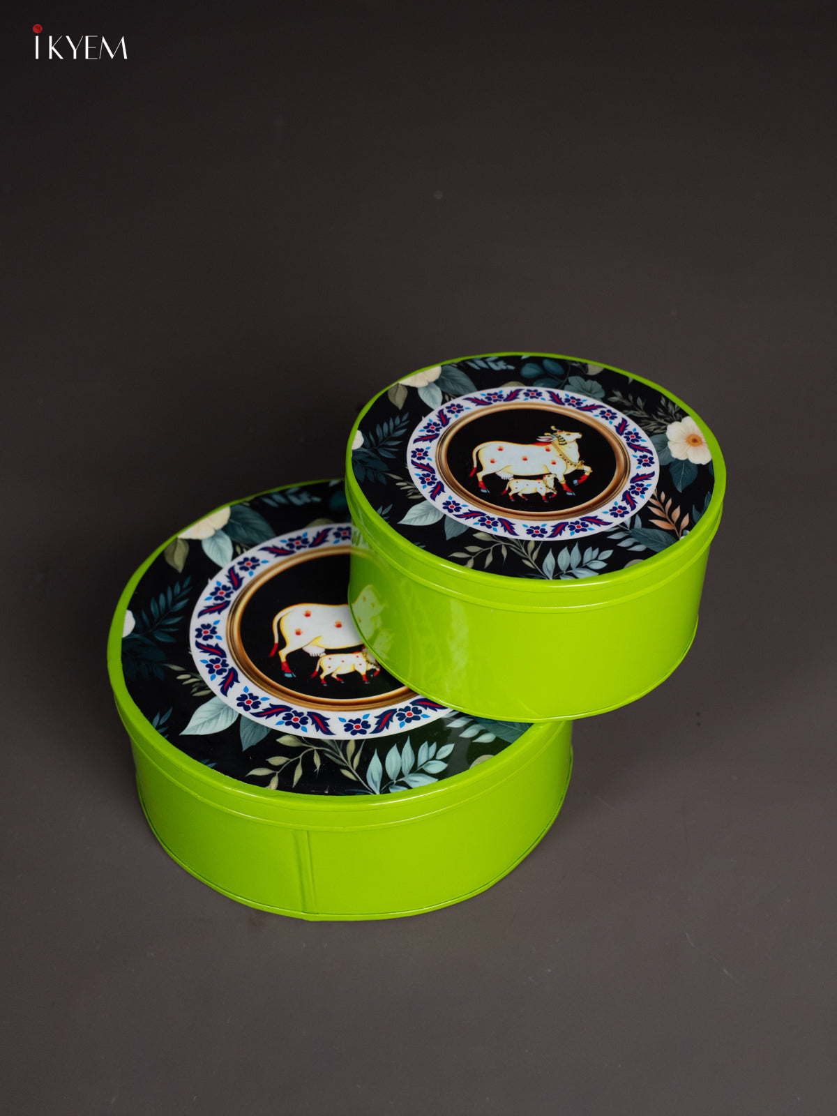 Lime Green Pichwai Cow & Calf Printed Metal Storage Box