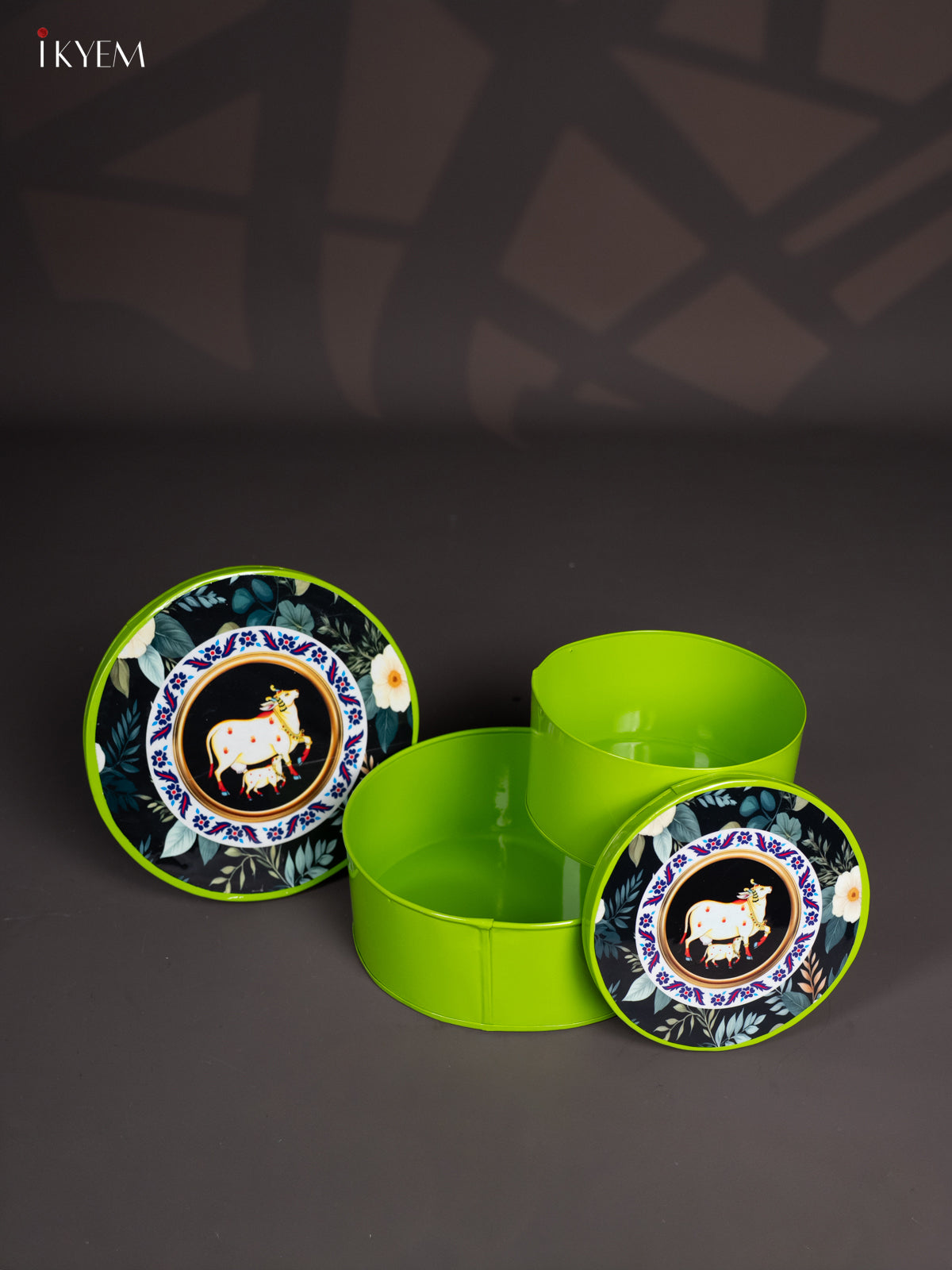 Lime Green Pichwai Cow & Calf Printed Metal Storage Box 1