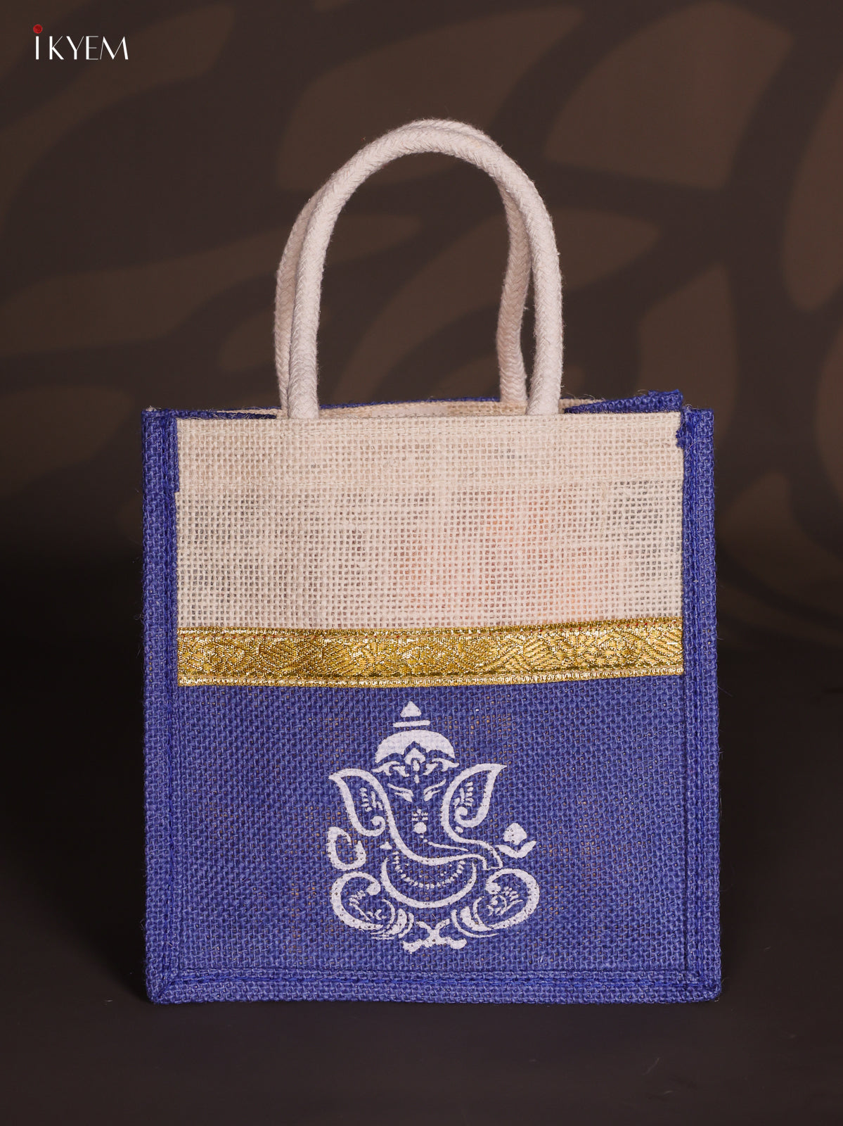 Lovely Violet & Beige Ganesha Printed Jute Bag with Zari border - 8 Inch