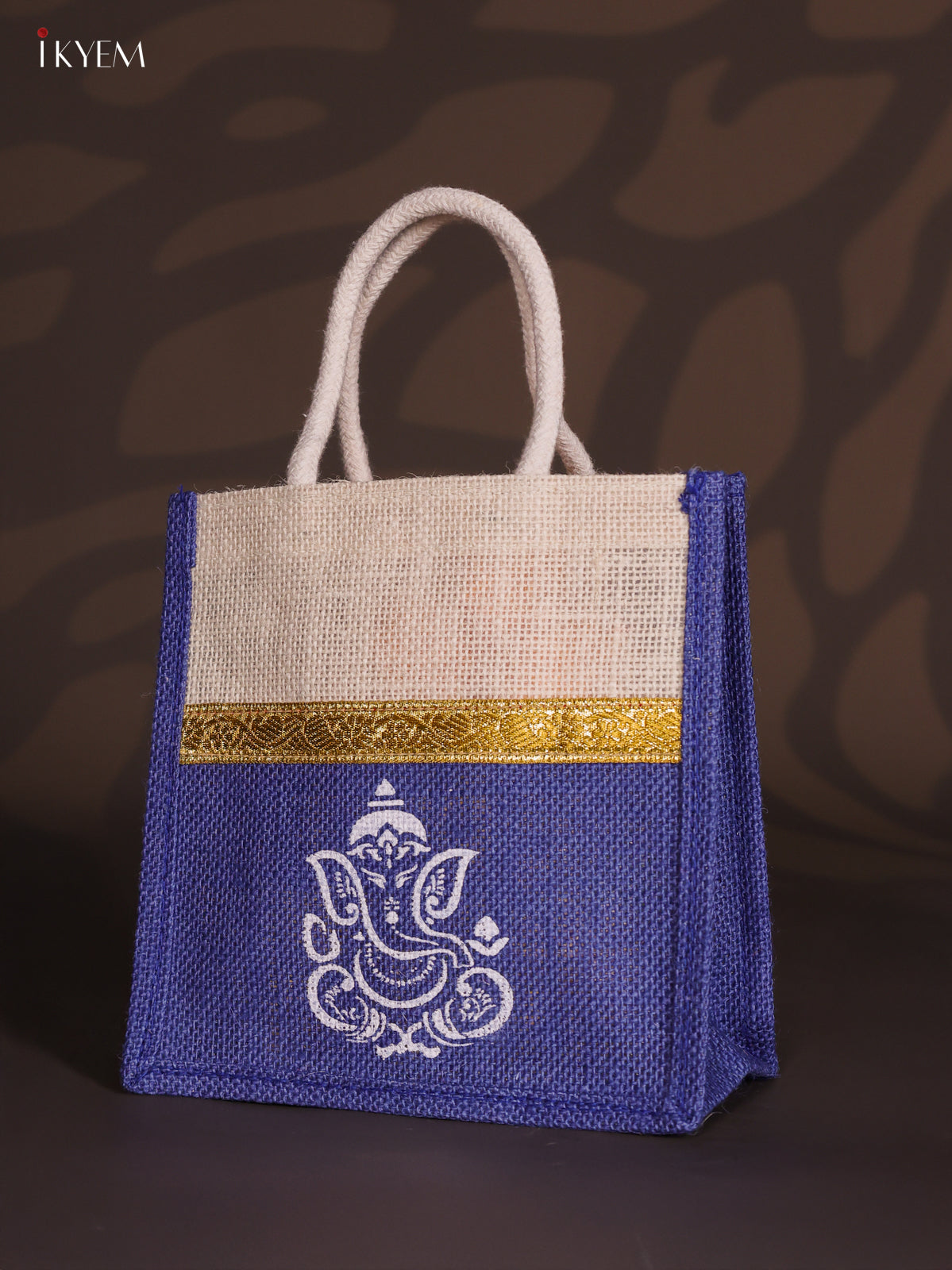 Lovely Violet & Beige Ganesha Printed Jute Bags with Zari border