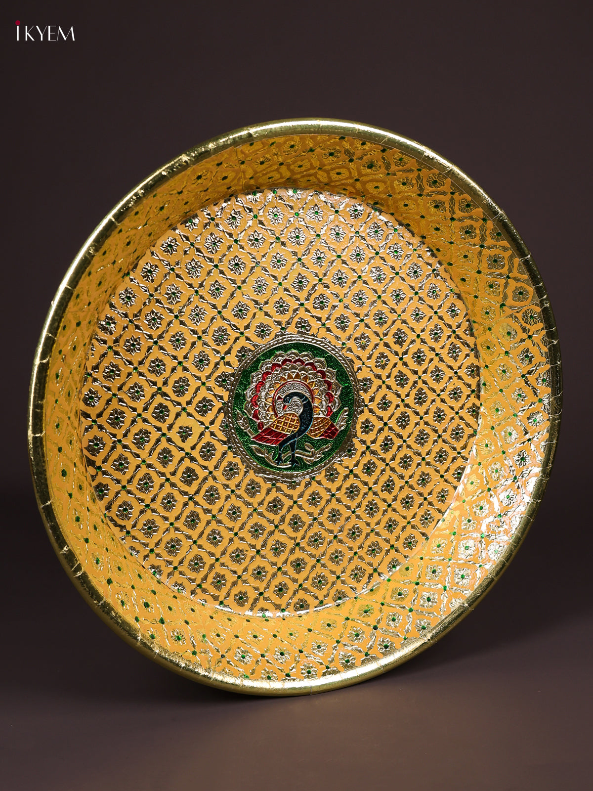 Luminous Yellow Meenakari Latice Printed Round Plate 3