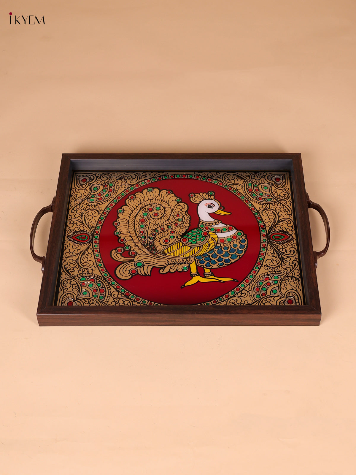 Luxurious Annapakshi Reverse Glass Painted Tray In Maroon
