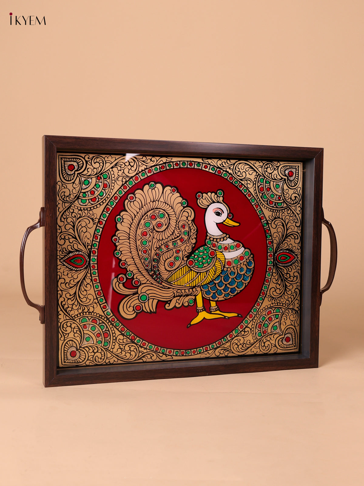 Luxurious Annapakshi Reverse Glass Painted Tray In Maroon 2