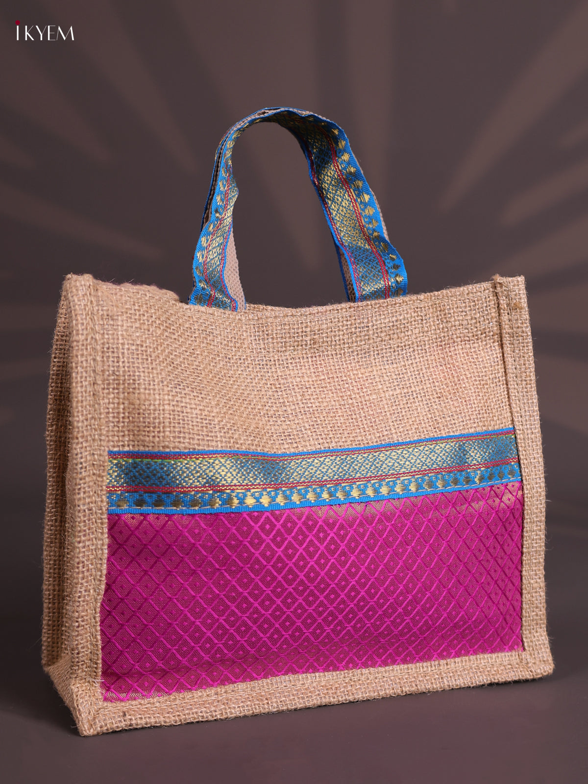 Magenta Half & Half Raw Silk Jute Bag with Velcro on Top 1