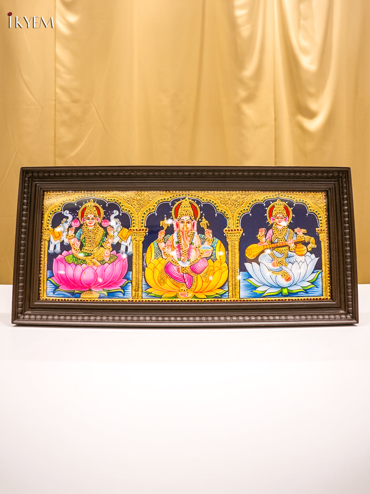 Majestic Goddess GajaLakshmi, Sarswathi & Ganesha Tanjore Painting 1