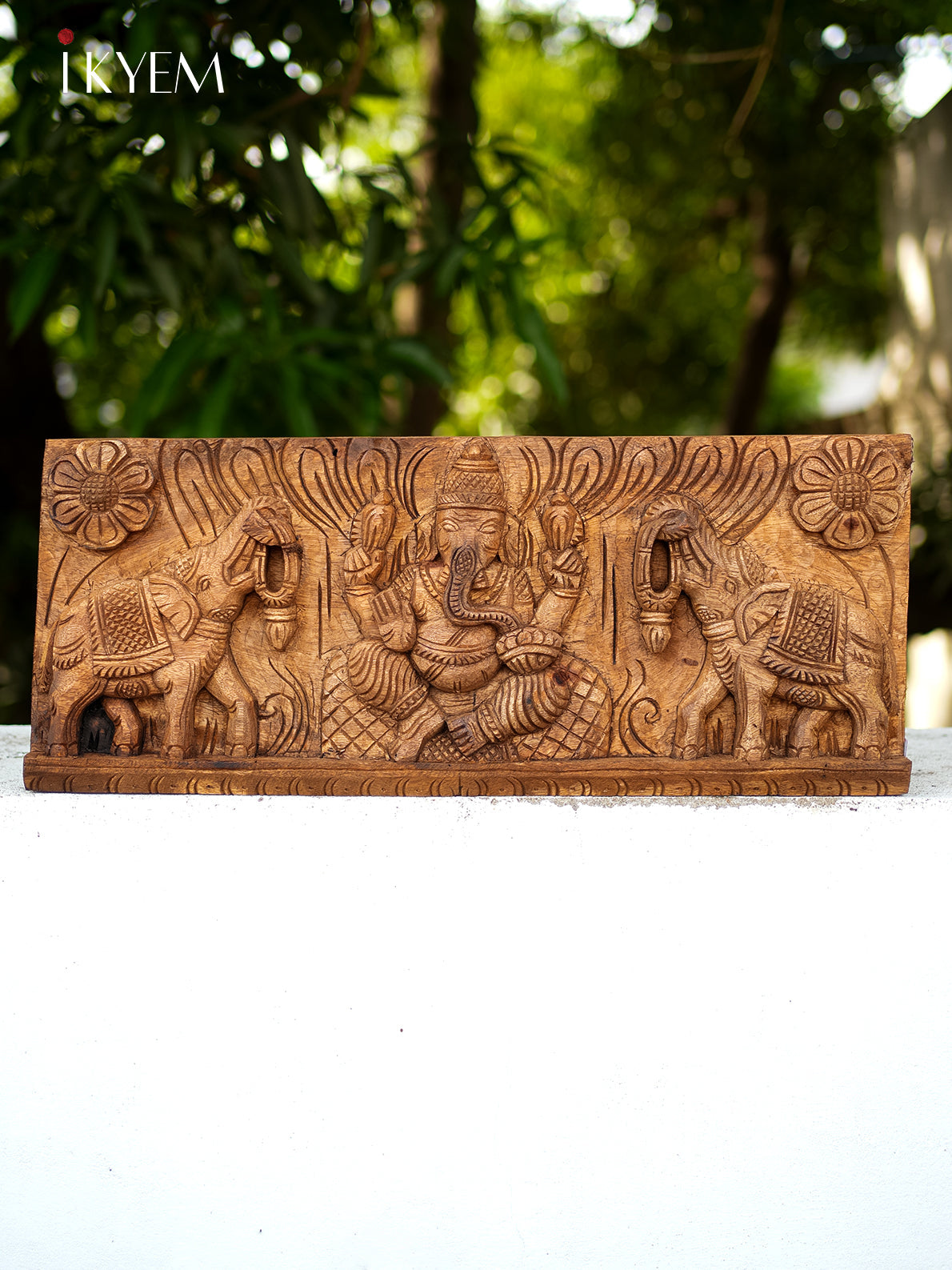 Majestic Hand Carved Ganesha & Elephant Wooden Panel