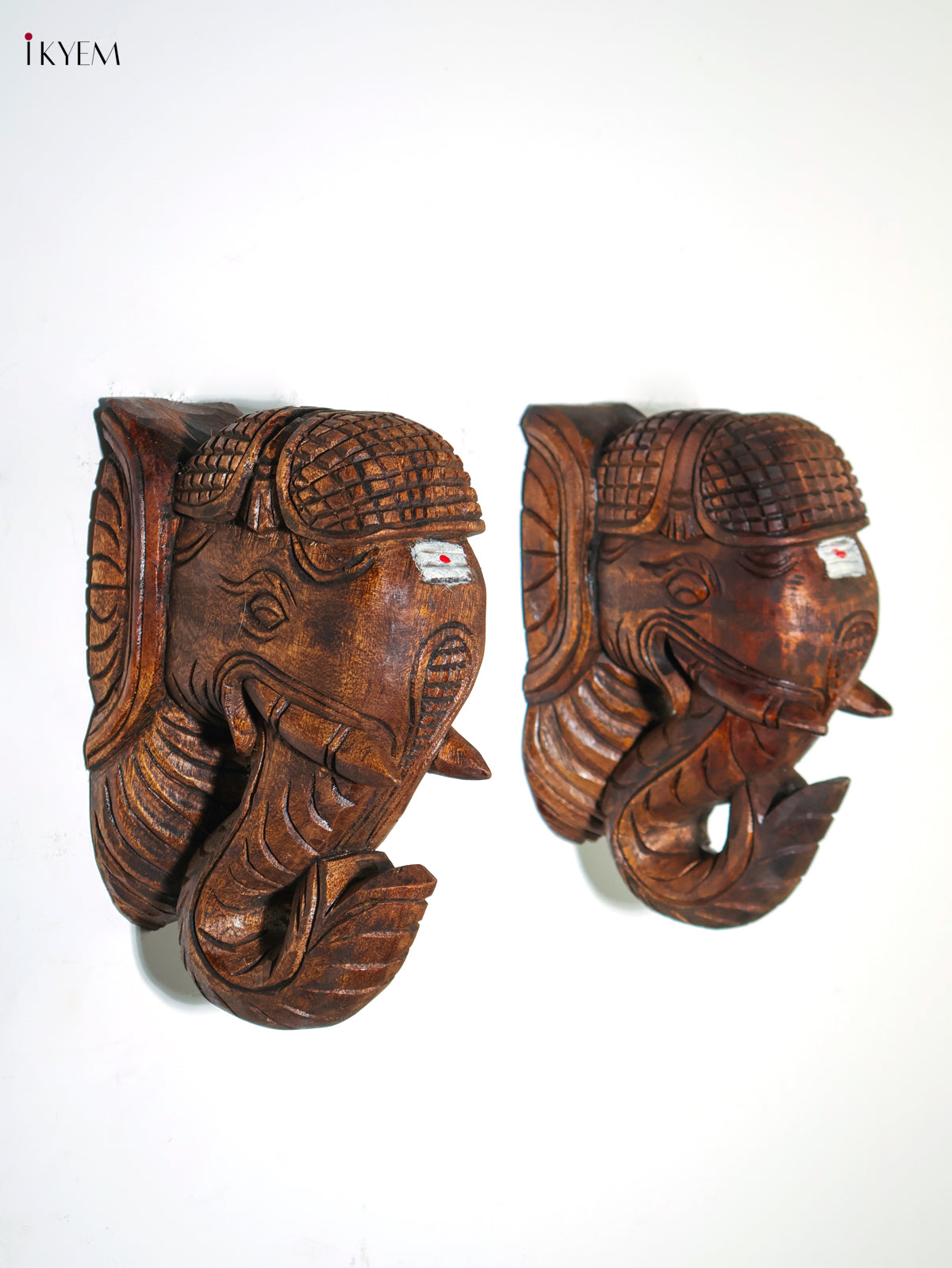 Majestic Wooden Hand Carved Elephant Head Wall Bracket Set