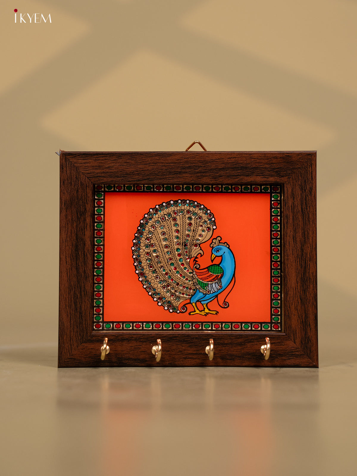 Orange Reverse Glass Painted Key Holder With Peacock Printed