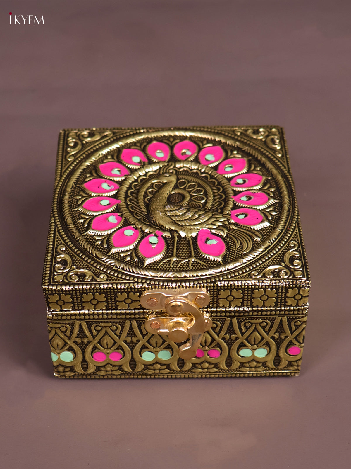 Oxidized Gold Trinket Box with Pink Peacock Motif