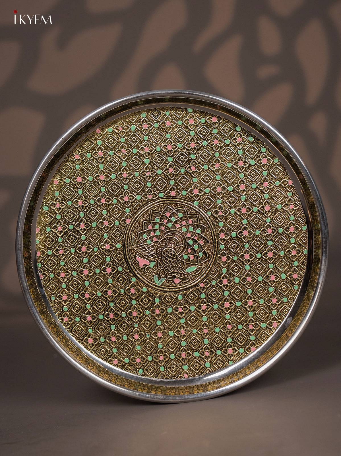 Oxidized Meenakari Plate With Peacock Design