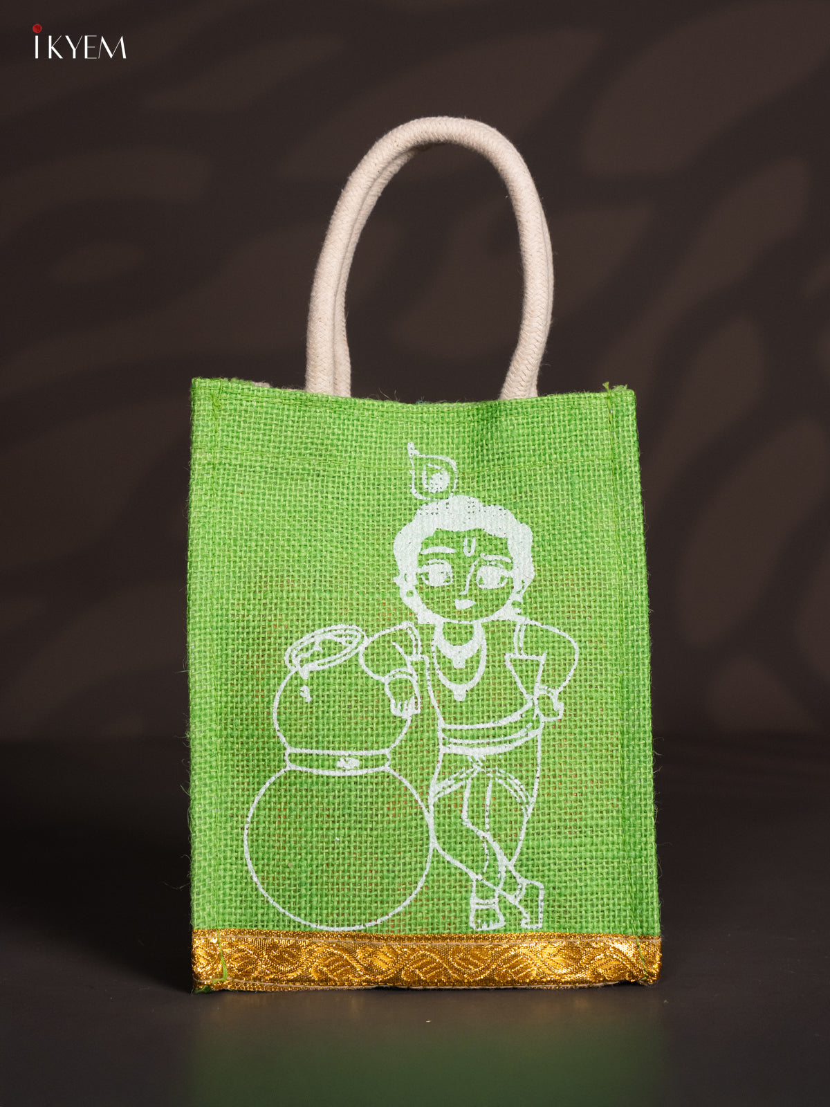 Pretty 8 Inch Baby Krishna Printed Green Jute Bags