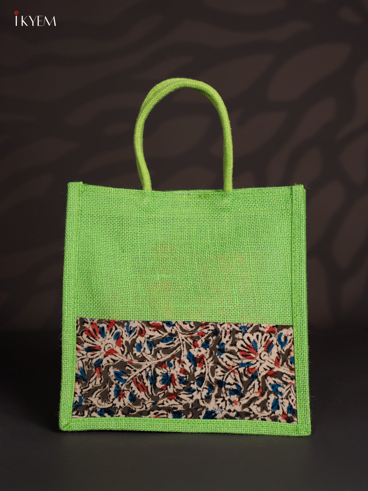Pretty Green Half & Half Kalamkari Jute Bag with Rope Handles