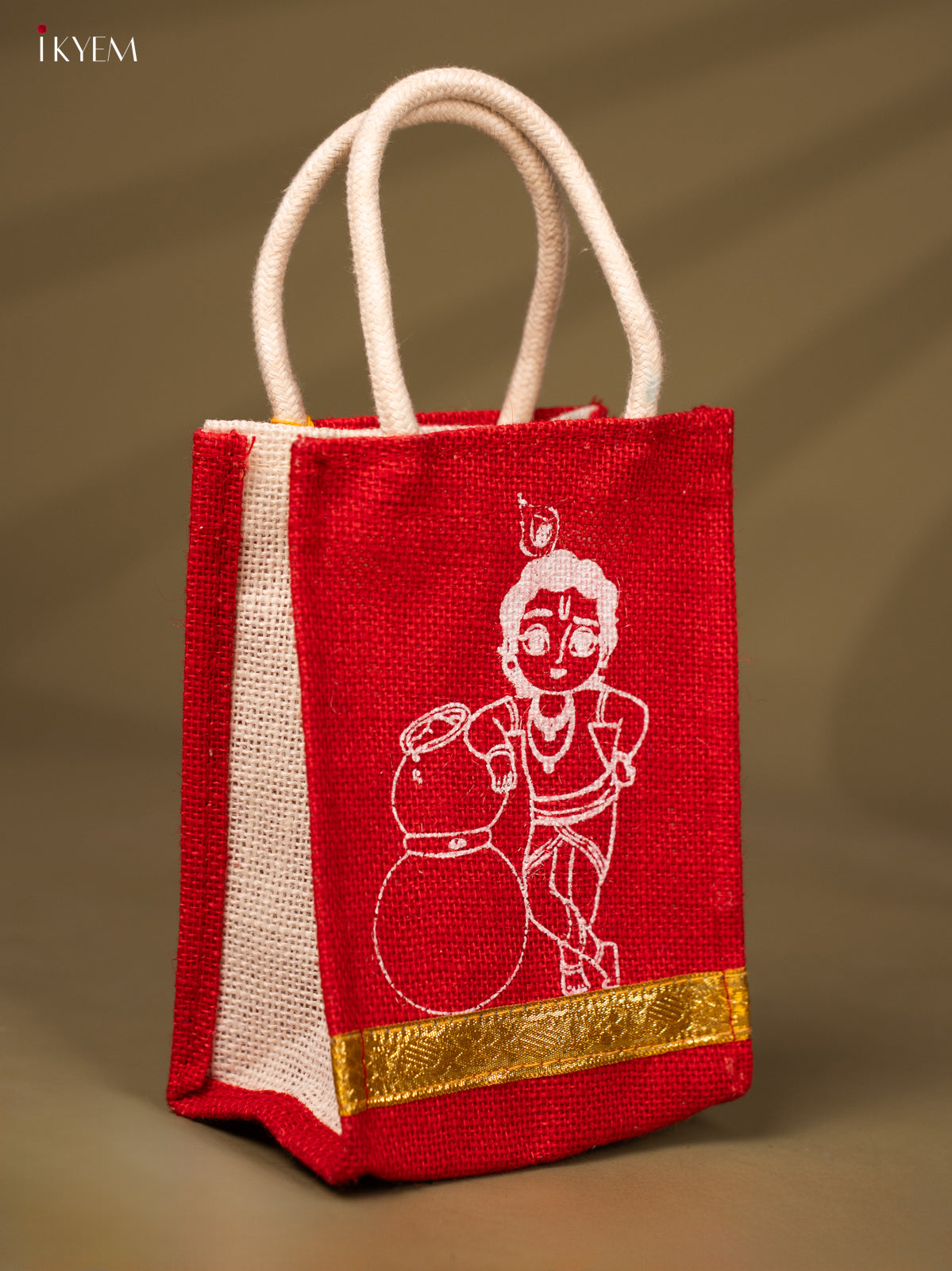 Pretty Krishna Printed Red Jute Bag With Zari Border - 8 Inch