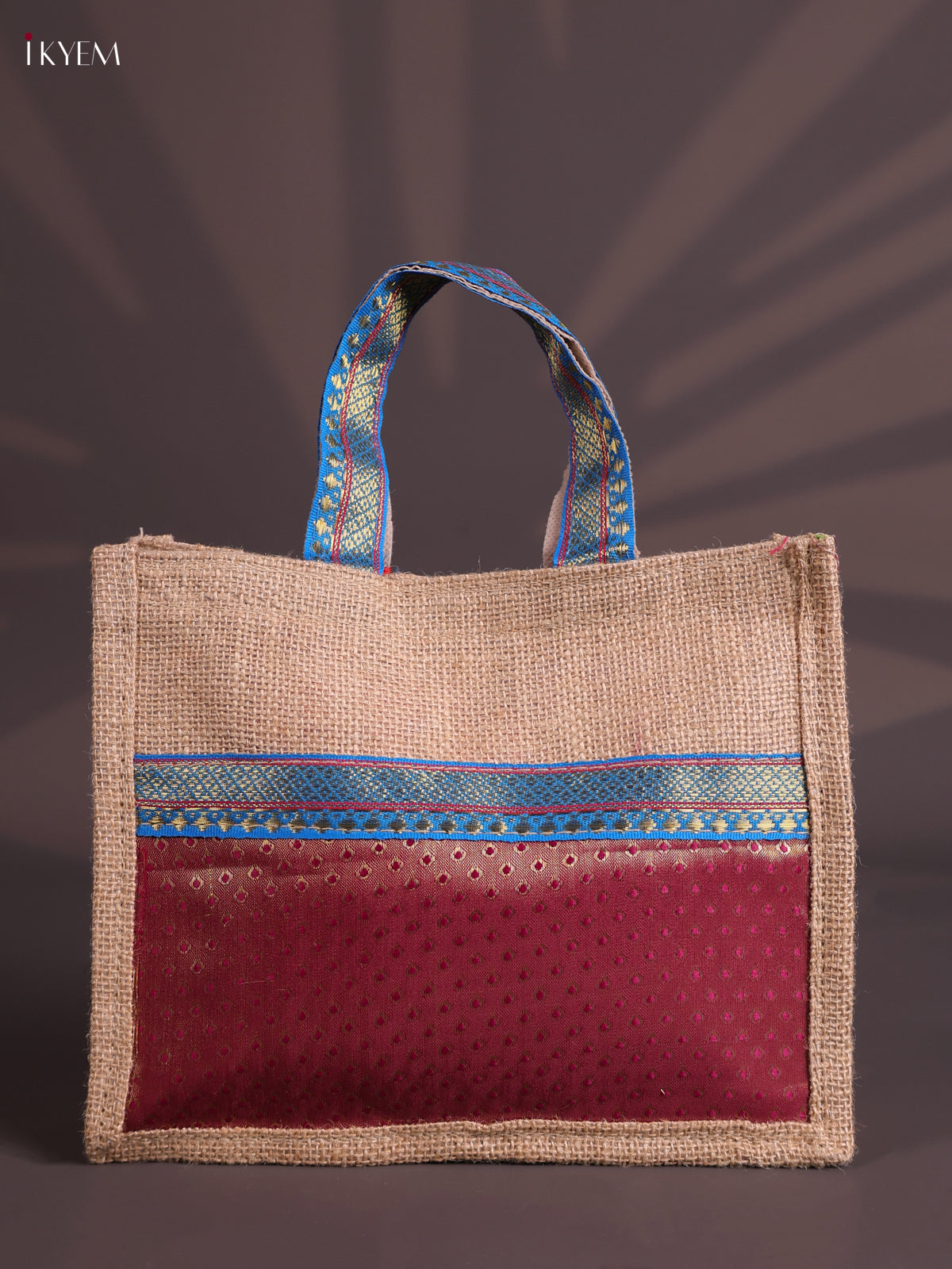 Pretty Maroon Half & Half Raw Silk Jute Bag with Velcro on Top