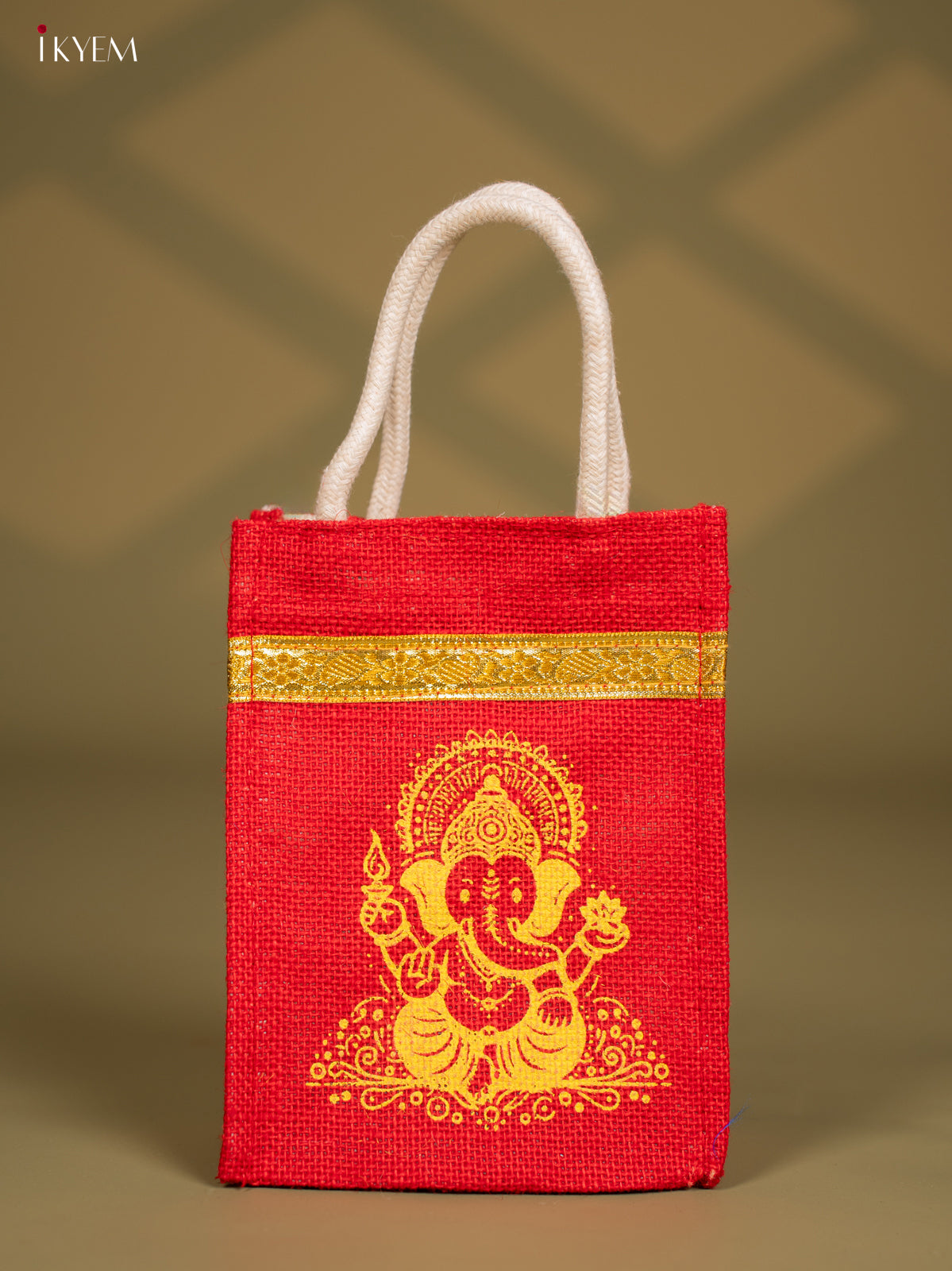 Pretty Red Jute Bags With Lord Ganapathy Print - 8 Inch