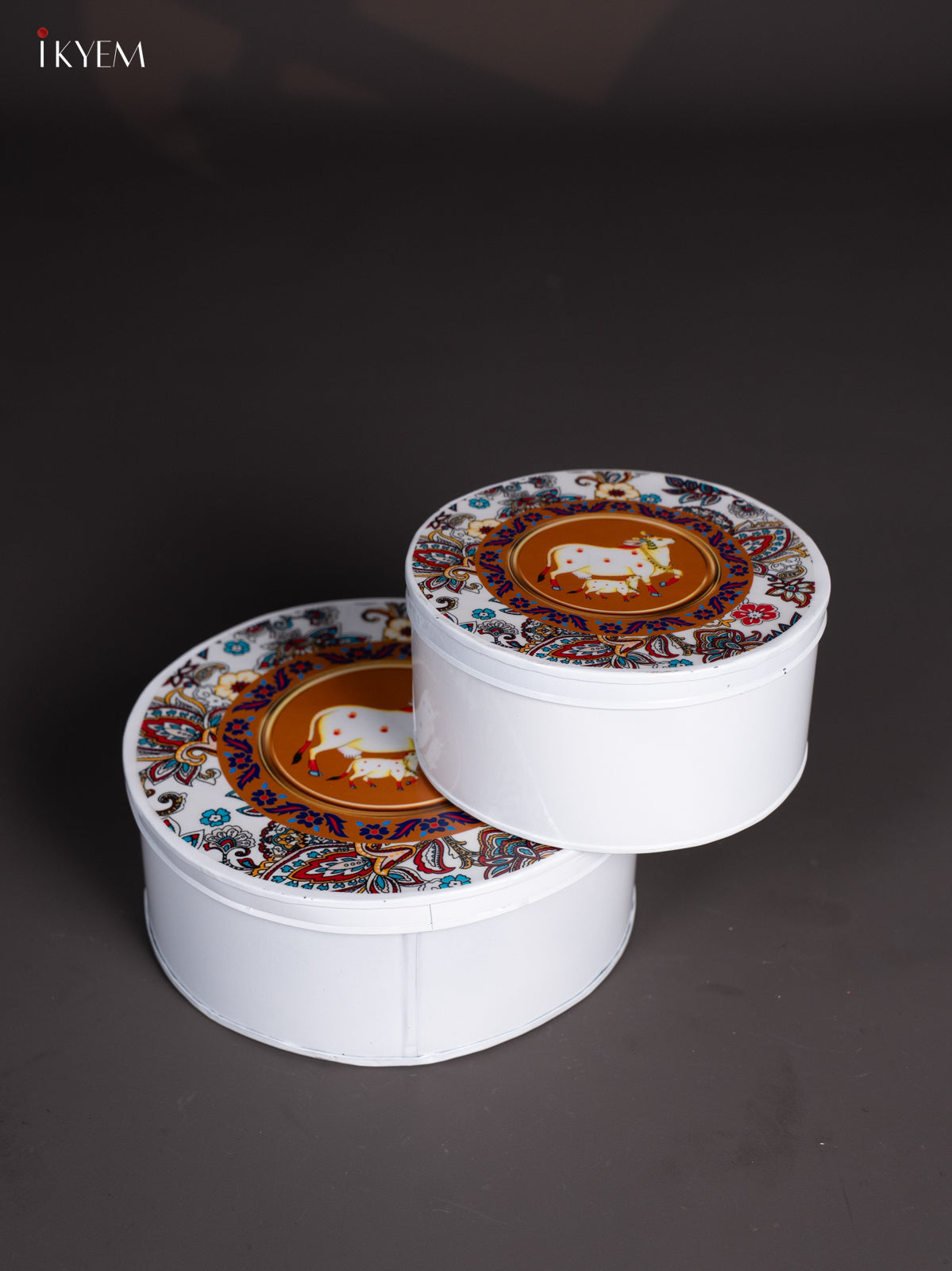 Pretty White Pichwai Cow & Calf Printed Metal Storage Box