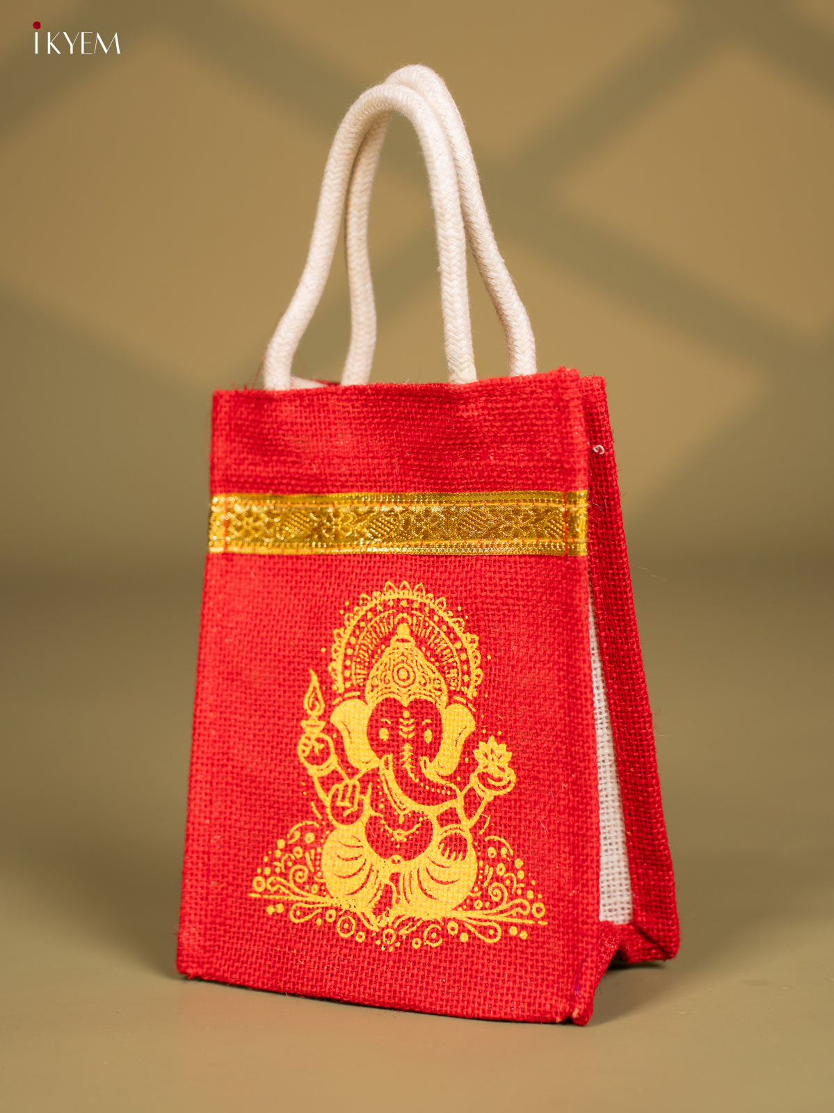 Red Jute Bag With Lord Ganapathy Print - 8 Inch