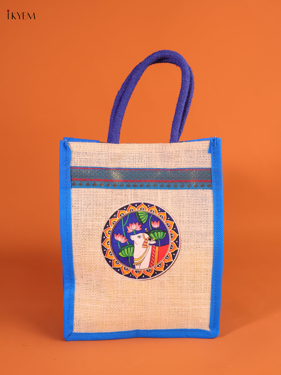 Regal Blue Pichwai Cow Printed Jute bag With Zari Border