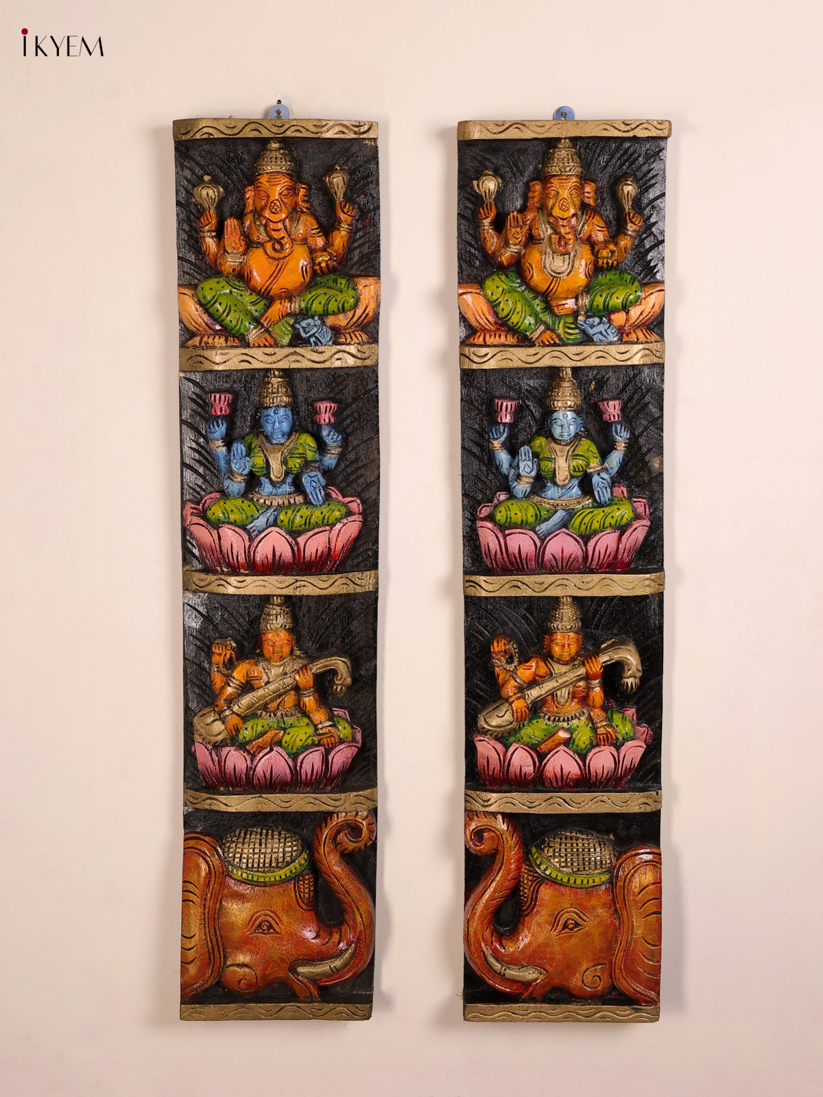 Regal Hand Painted Ganesha Lakshmi Sarawathi Vertical Wooden Panel Set