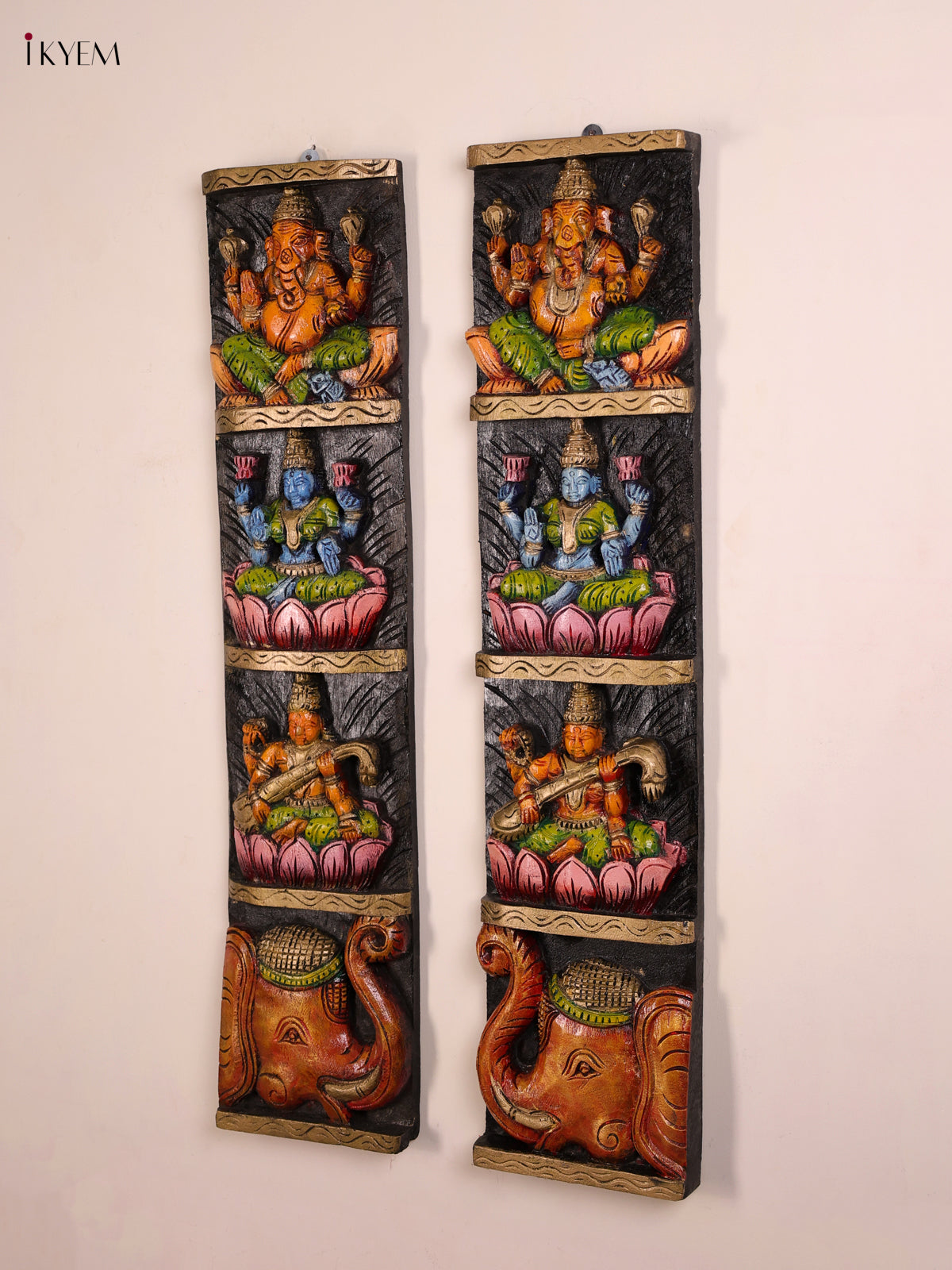 Regal Hand Painted Ganesha Lakshmi Sarawathi Vertical Wooden Panel Set 5