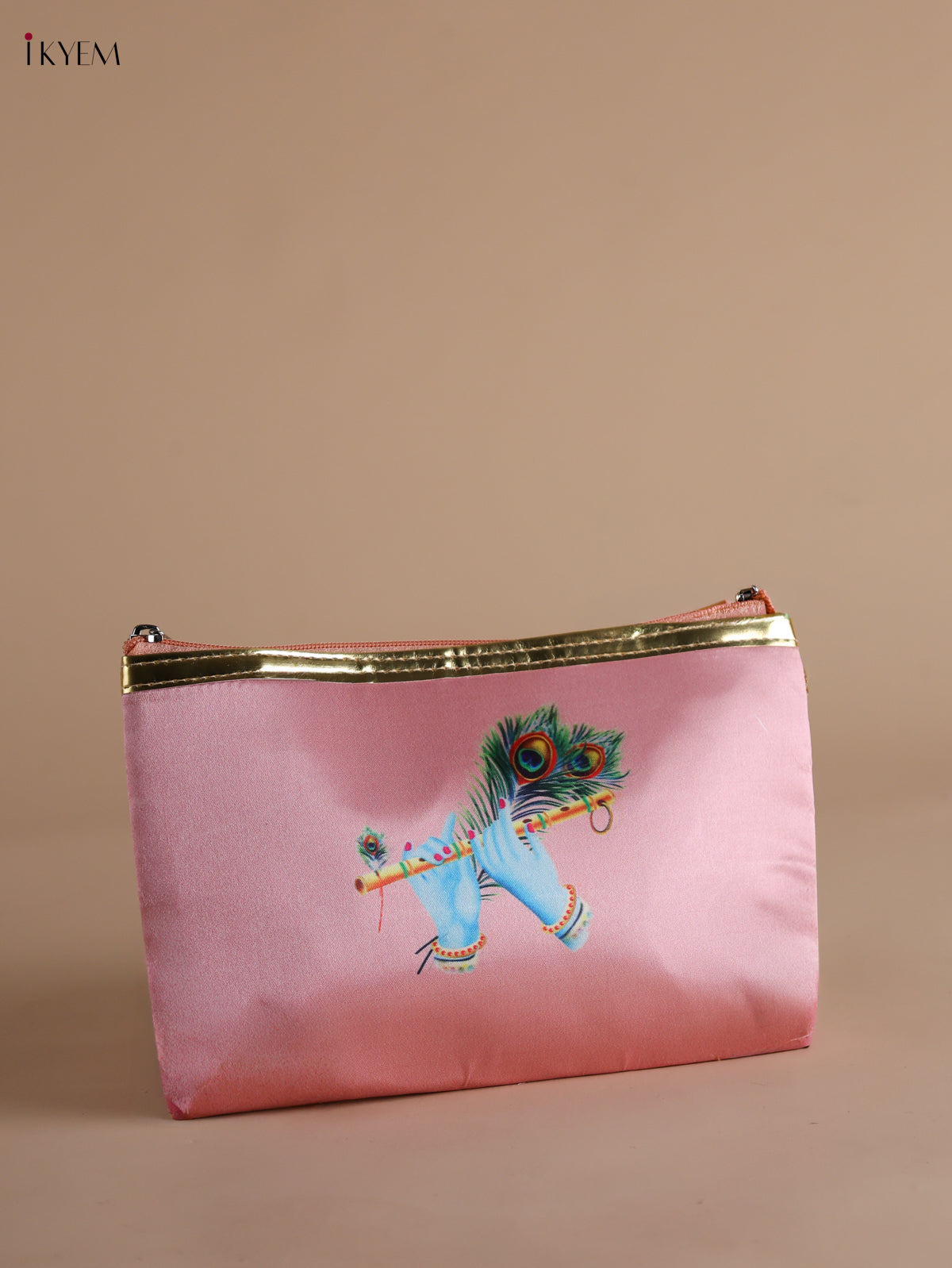 Regal Krishna Flute & Peacock Feather Printed Peach Purse with Zipper 2