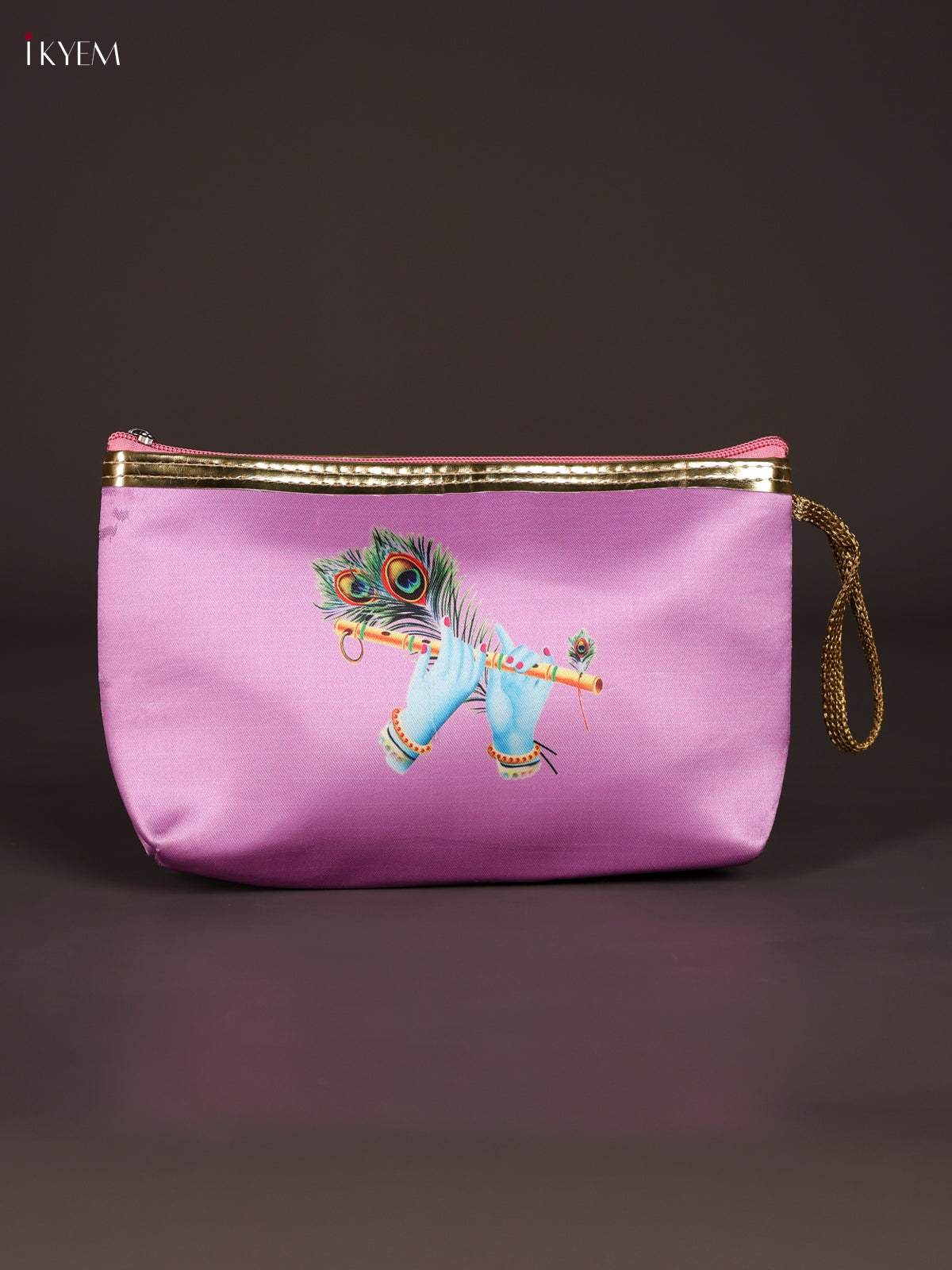 Regal Lilac Krishna Flute & Peacock Feather Printed Purse With Zipper 1