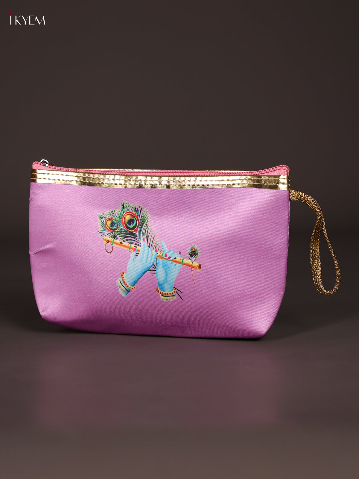 Regal Lilac Krishna Flute & Peacock Feather Printed Purse With Zipper 3