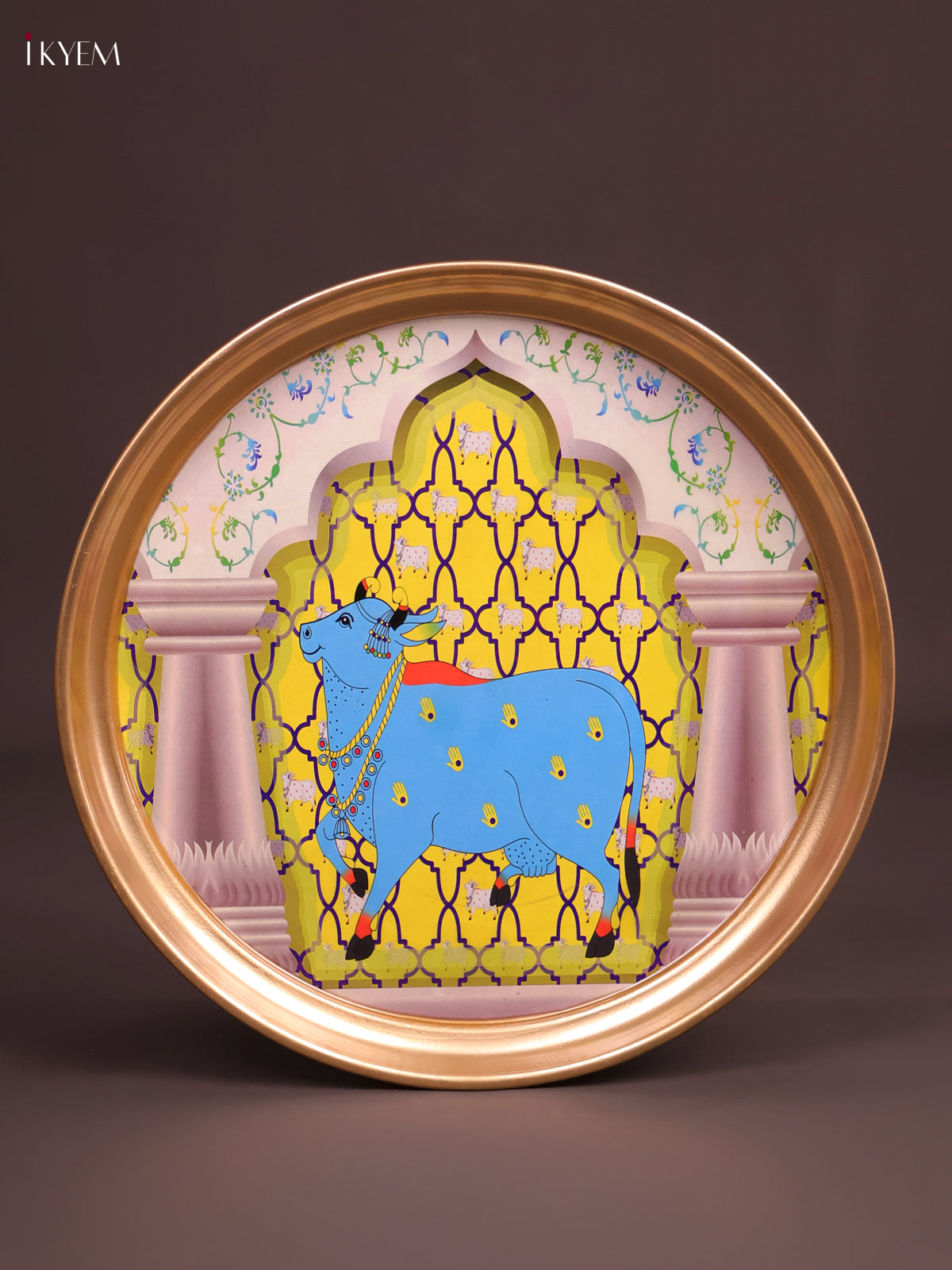 Rich Yellow & White Brass Coated Plate With Pichwai Cow Print