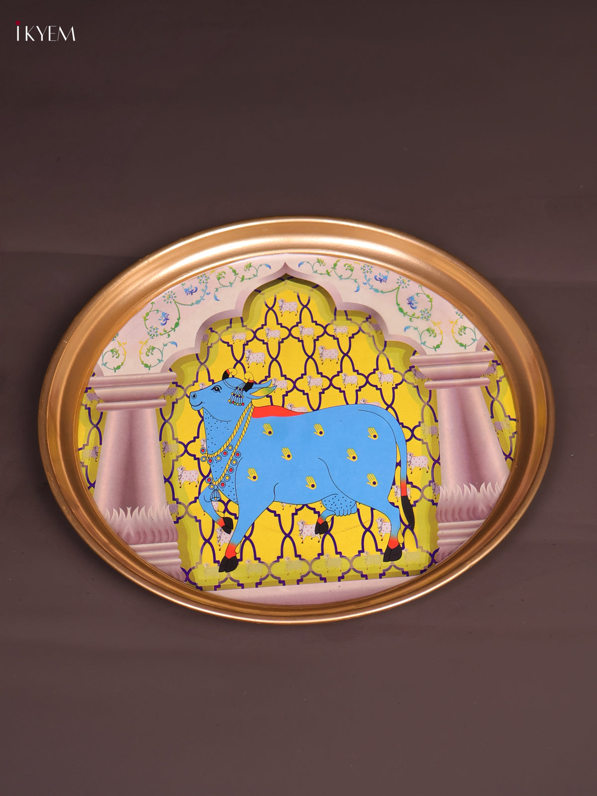 Rich Yellow & White Brass Coated Plate With Pichwai Cow Print 1