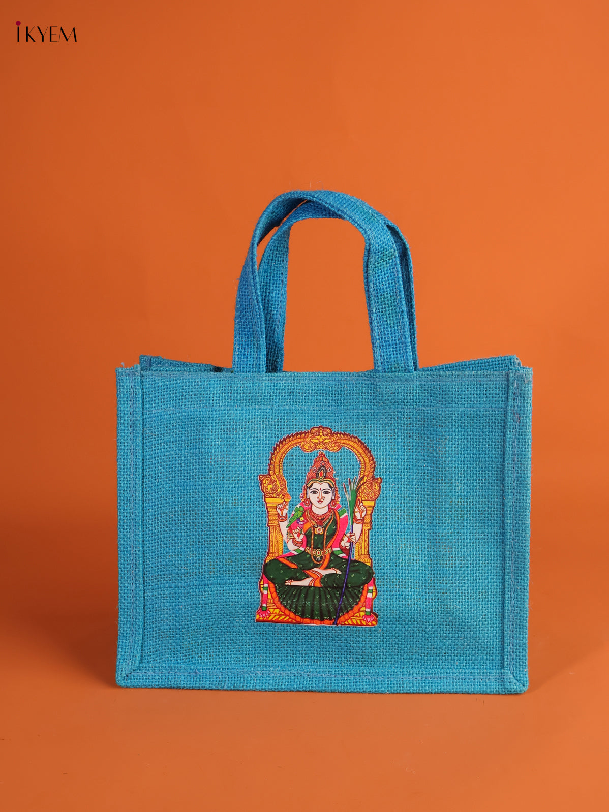 Serene Goddess Kamatchi Printed Sky Blue Jute Bag With Transparent Window