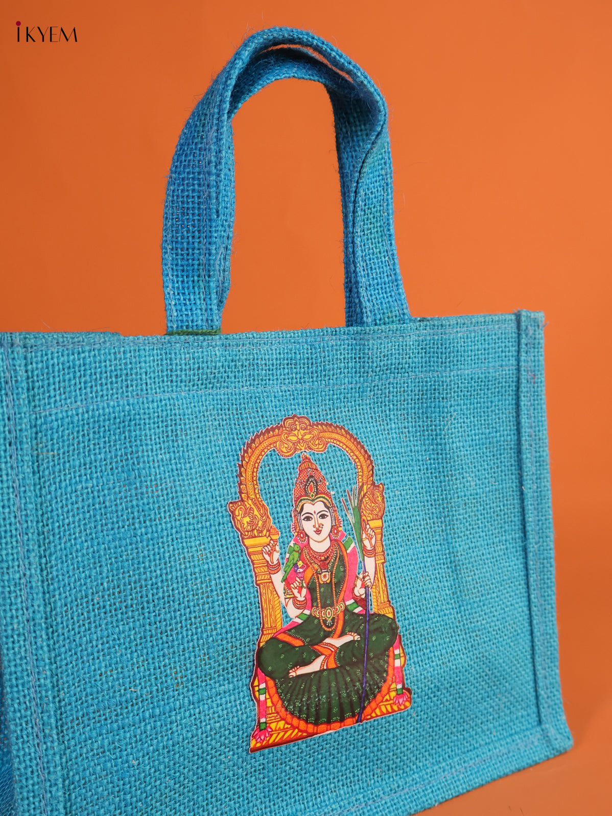 Serene Goddess Kamatchi Printed Sky Blue Jute Bag With Transparent Window 2
