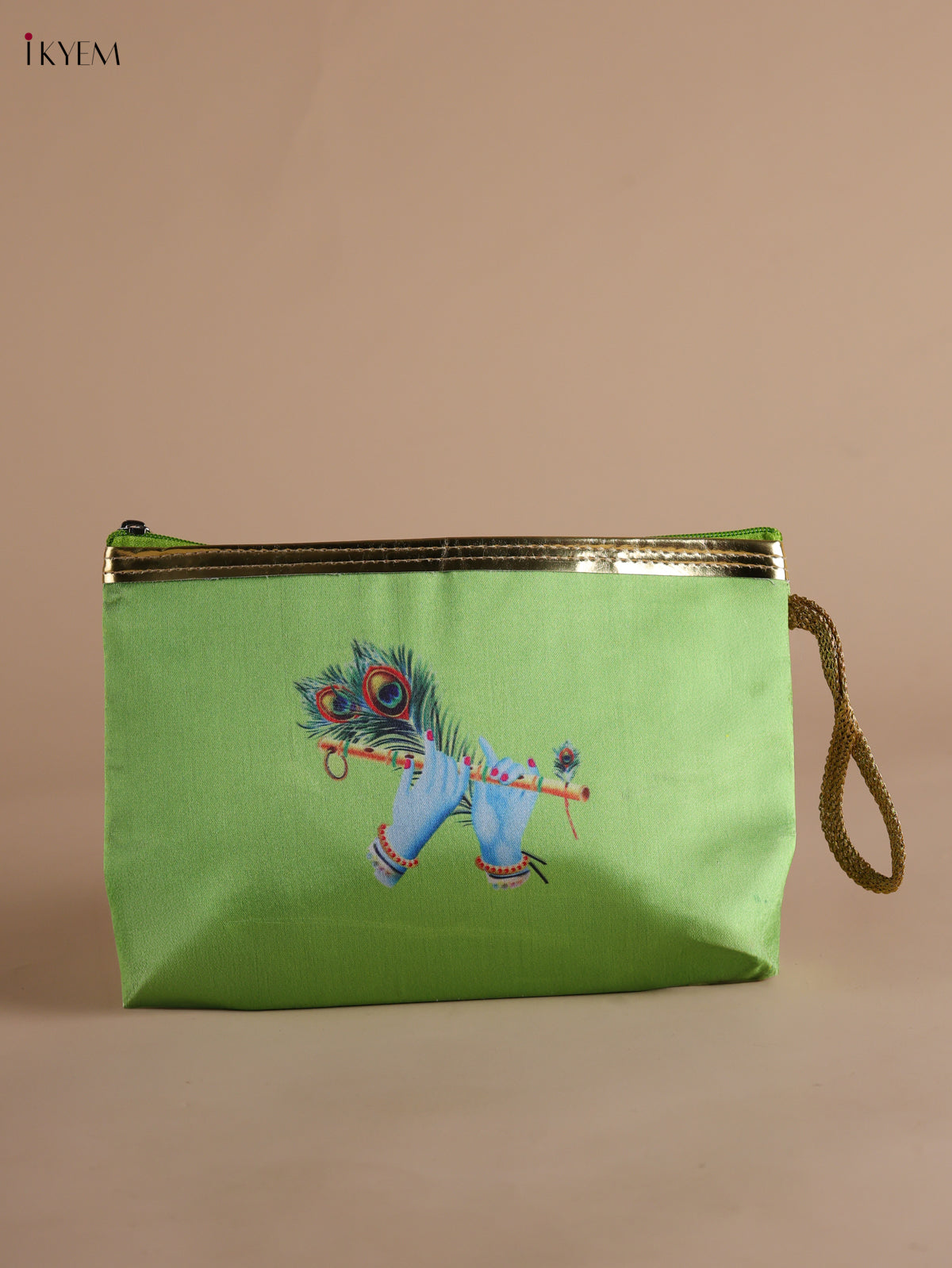 Serene Krishna Flute & Peacock Feather Printed Green Purse with Zipper