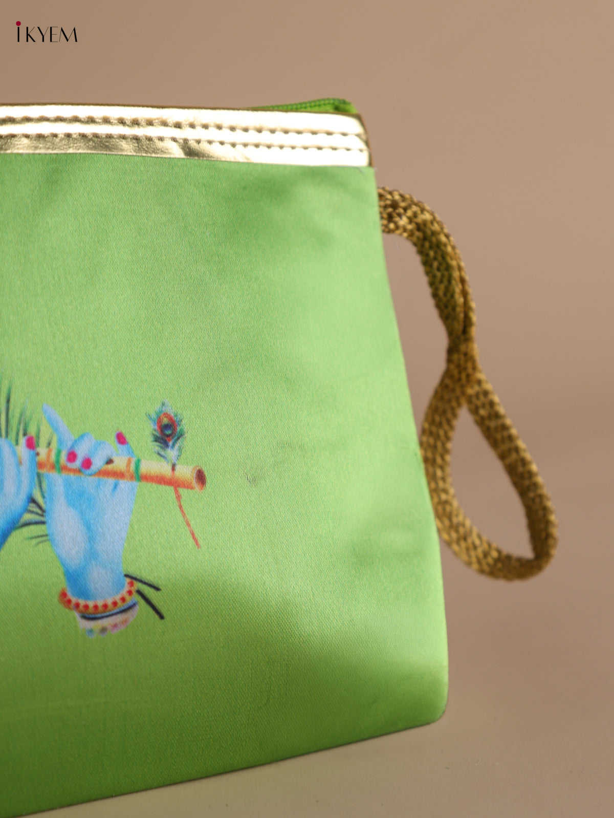 Serene Krishna Flute & Peacock Feather Printed Green Purse with Zipper 2