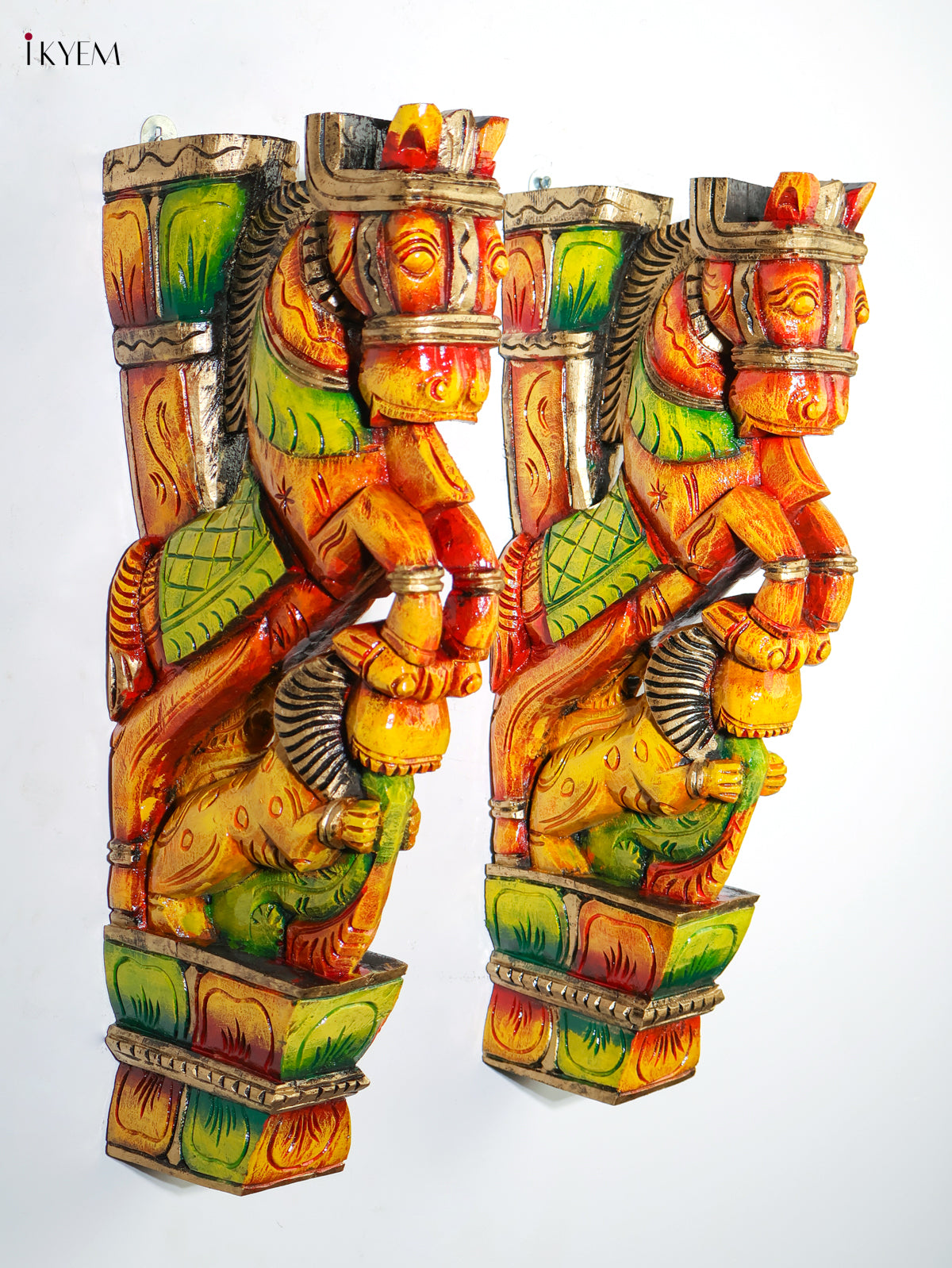 Set Of 2 Majestic Handcrafted Horse Yali Wooden Wall Brackets