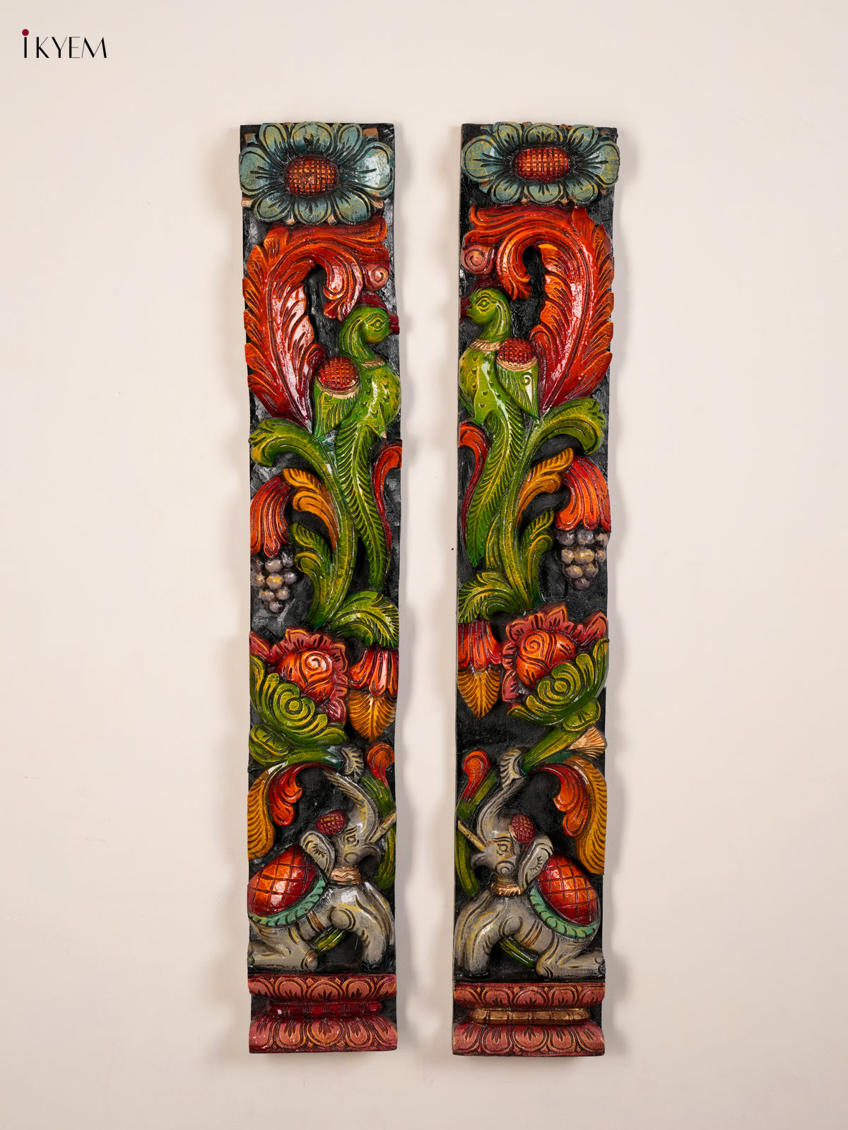 Set of 2 Exquisite Handcrafted Parrot & Elephant Vertical Wooden Wall Panels