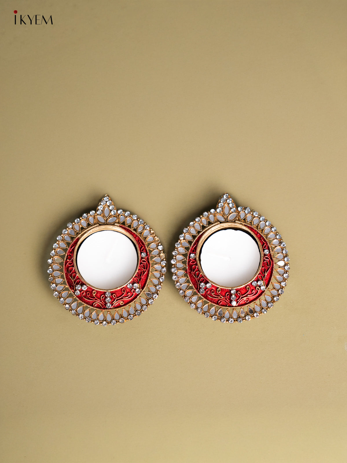 Set of 2 Red Coloured T Light Candle Holder with Mirror work 1