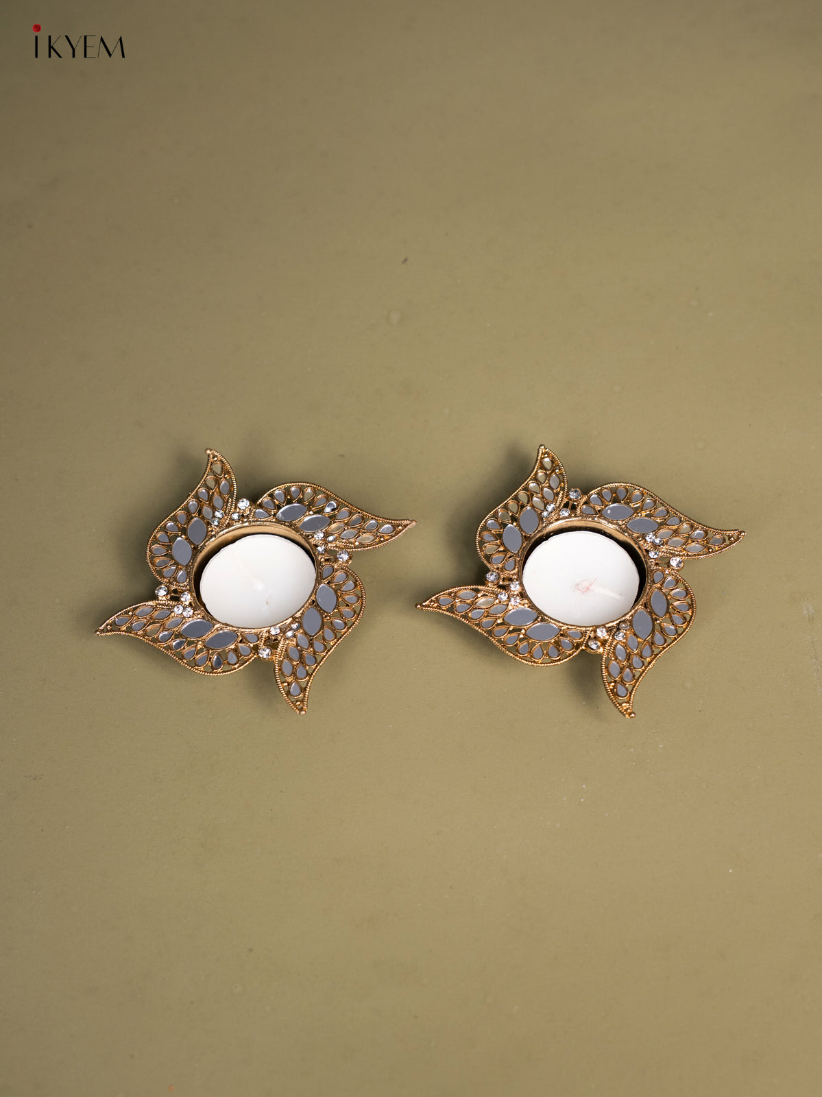 Set of 2 Swastik shaped T Light Candle Holder with Mirror work