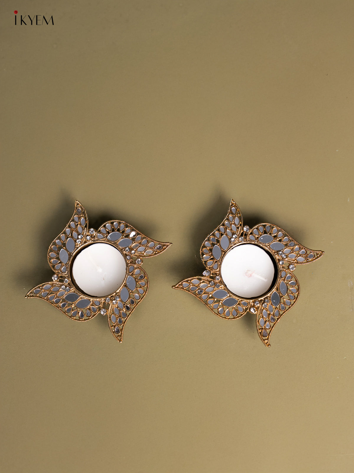Set of 2 Swastik shaped T Light Candle Holder with Mirror work 1