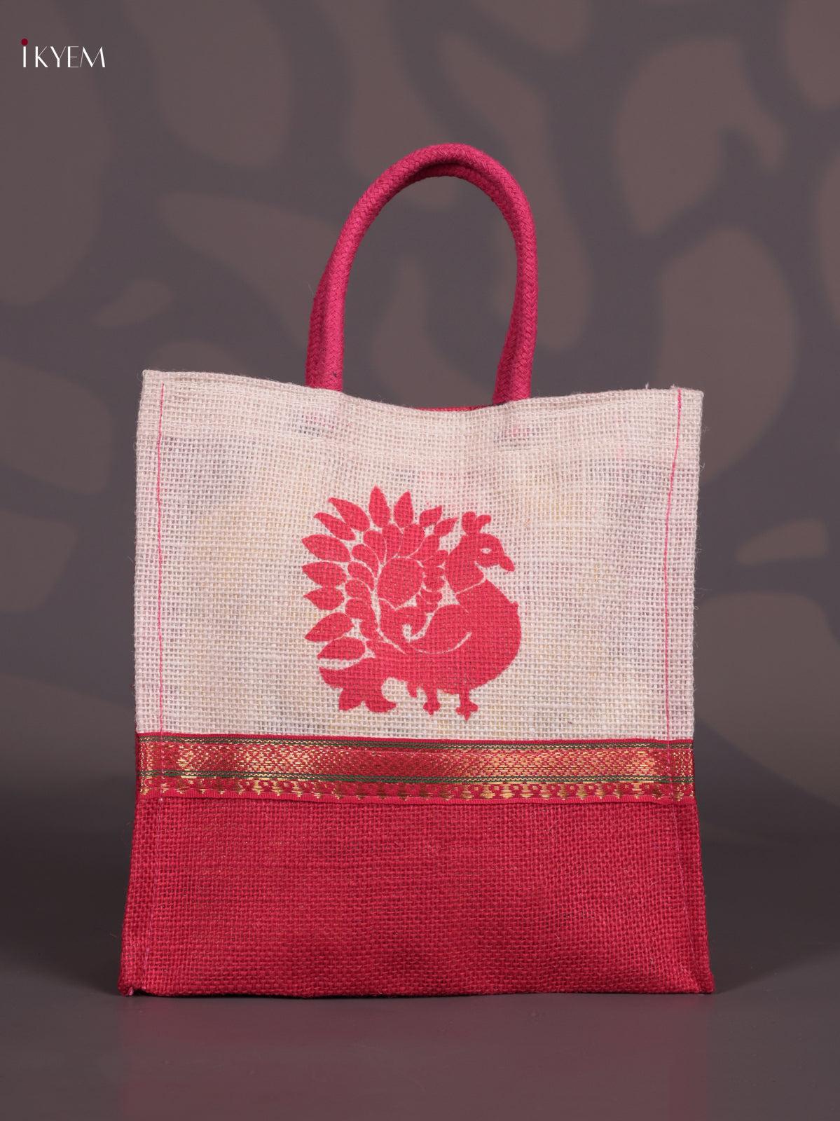 Striking Peacock Printed Red & Beige Jute Bag