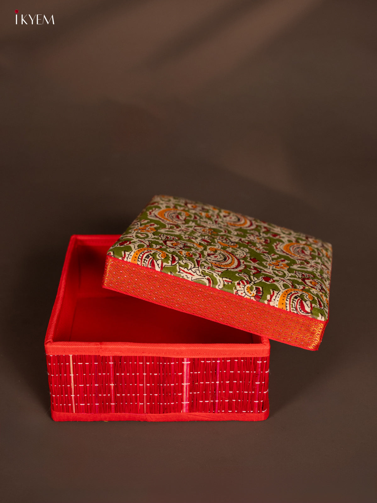 Striking Red Kalamkari Printed Red Korai Square Box
