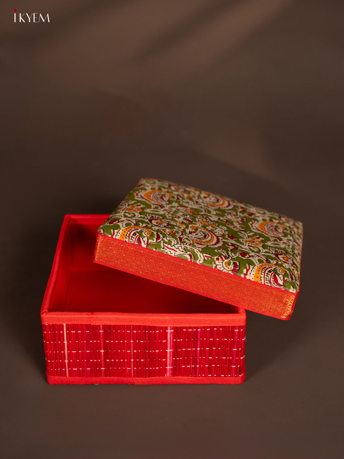 Striking Red Kalamkari Printed Red Korai Square Box