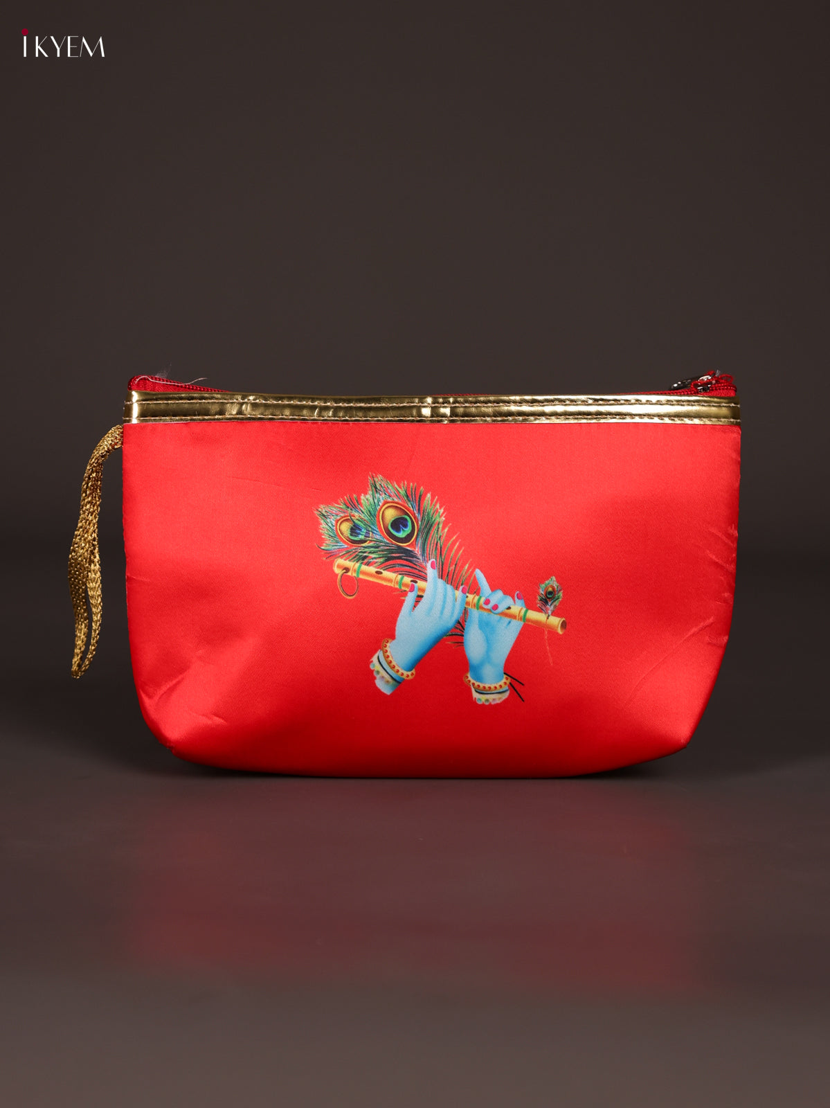 Striking Red Krishna Flute & Peacock Feather Printed Purse With Zipper