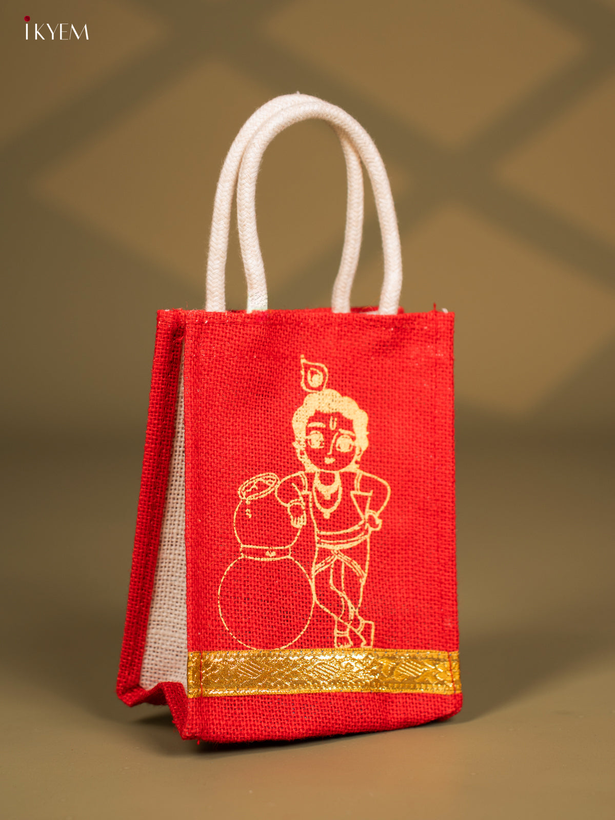 Strikinig Krishna Printed Red Jute Bags With Zari Border - 8 Inch
