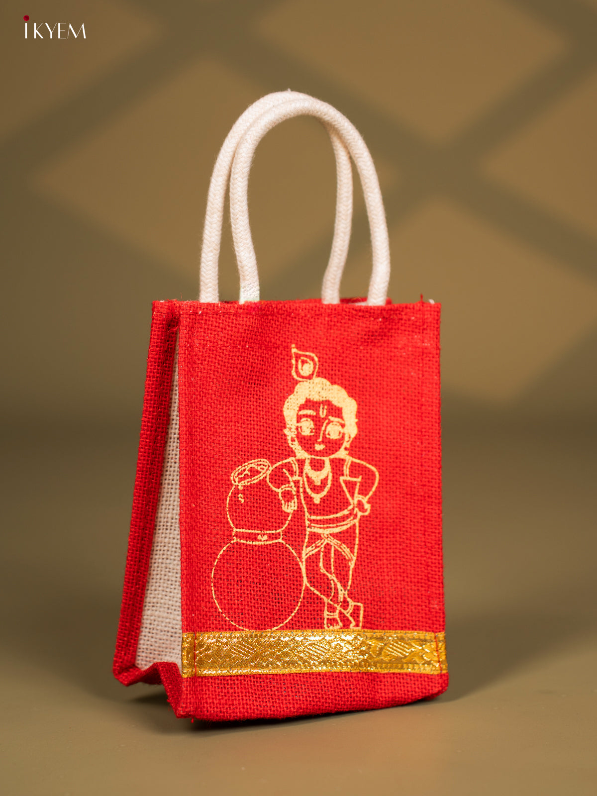 Strikinig Krishna Printed Red Jute Bags With Zari Border - 8 Inch
