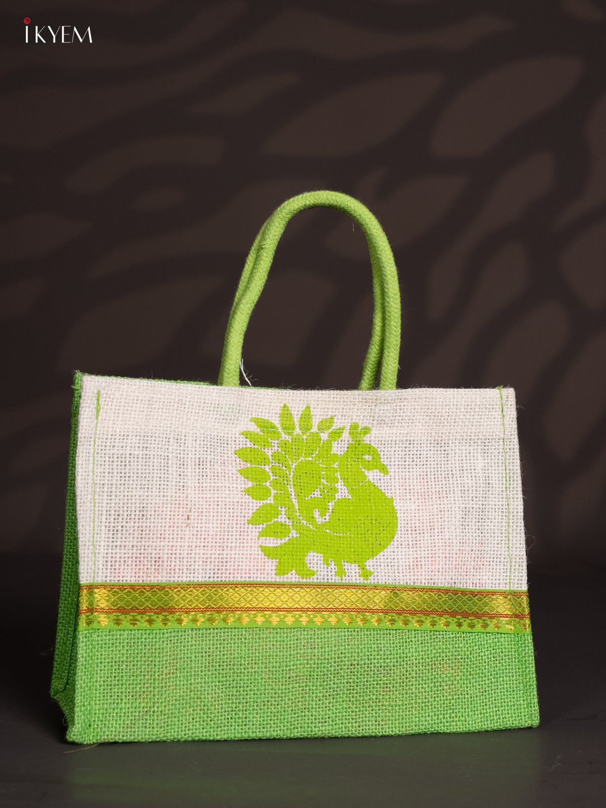 Stunning Green & White Jute Bags With Peacock Print