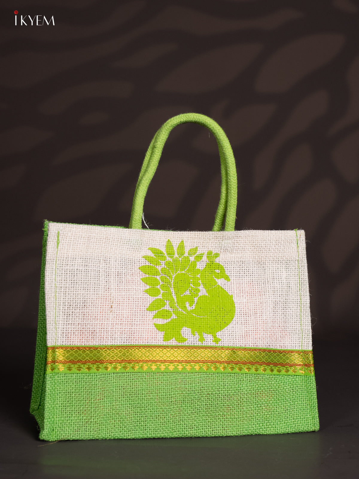 Stunning Green & White Jute Bags With Peacock Print