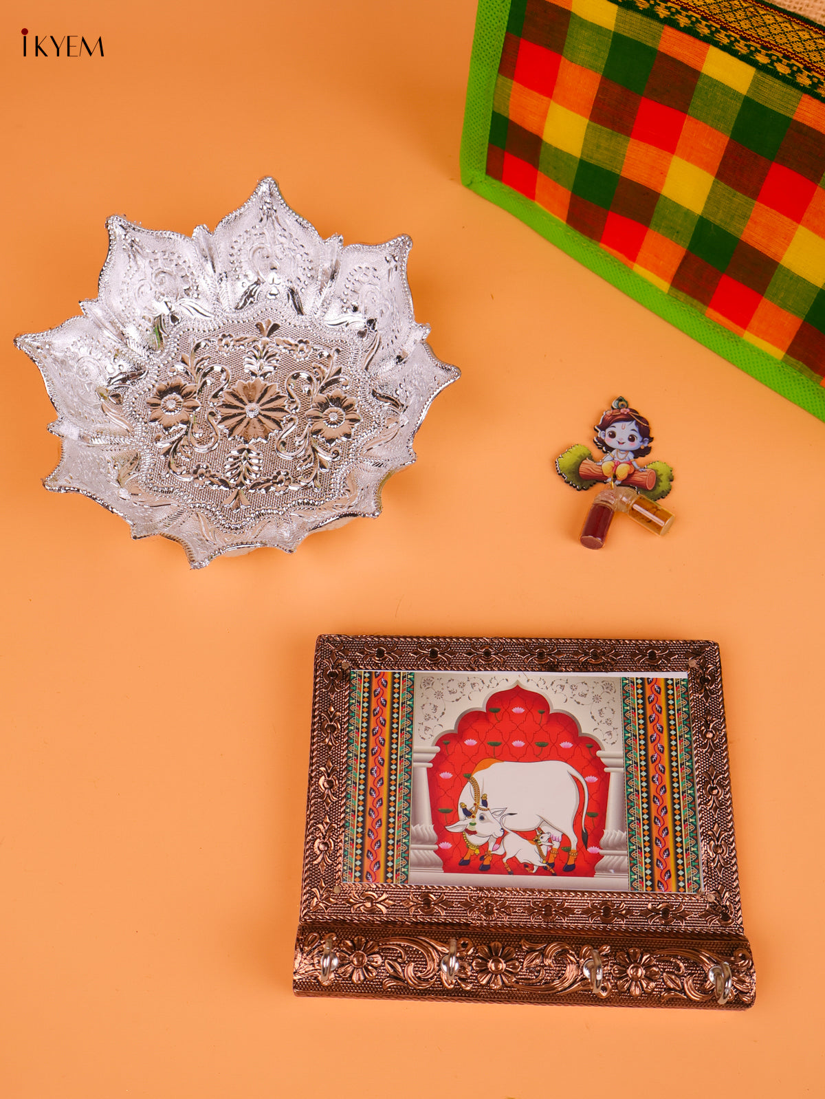 Timeless Silver Bowl & Pichwai Key Hanger Return Gift Combo 1