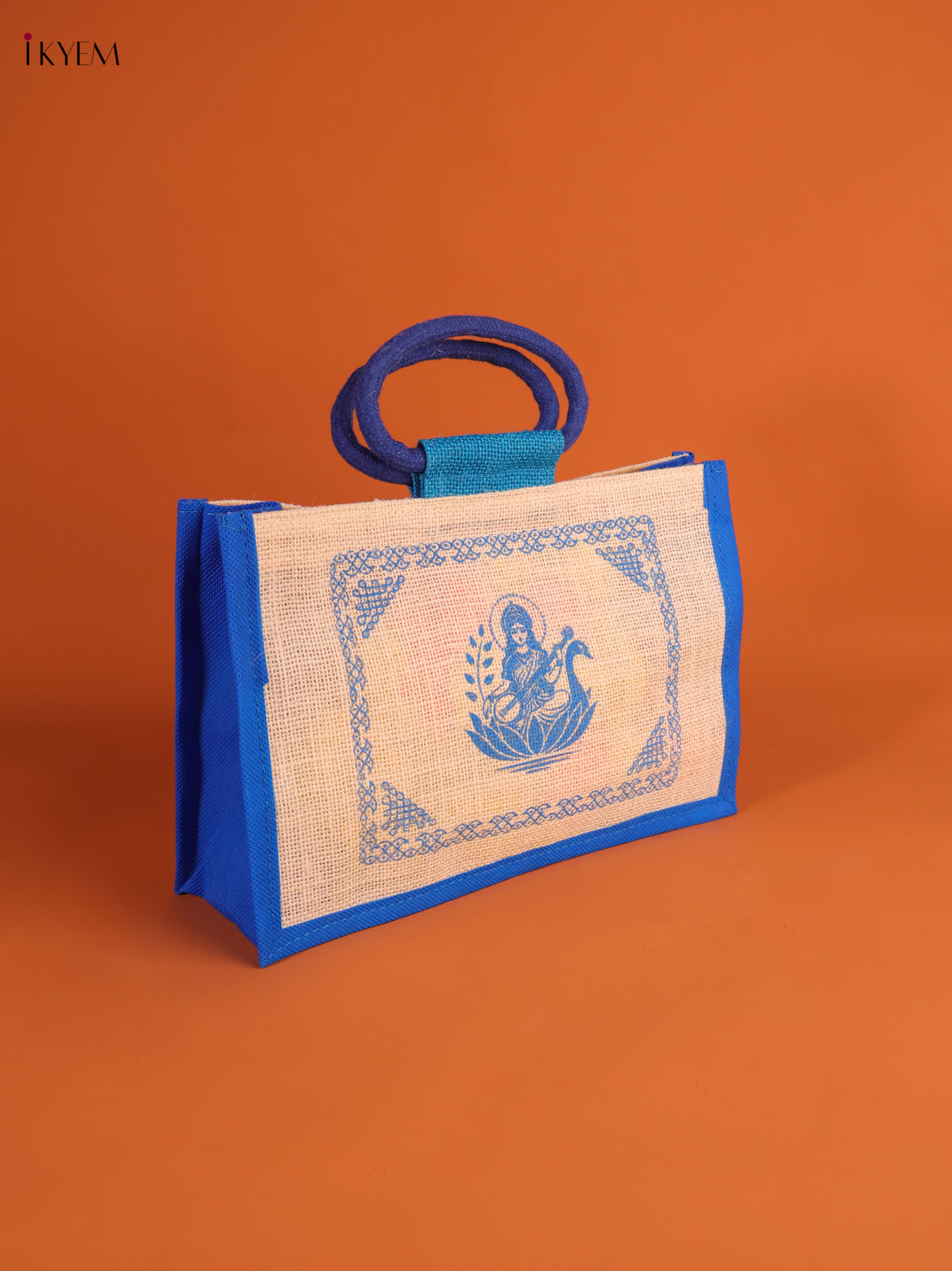 Traditional Blue Goddess Saraswathi Printed Jute Bag 1