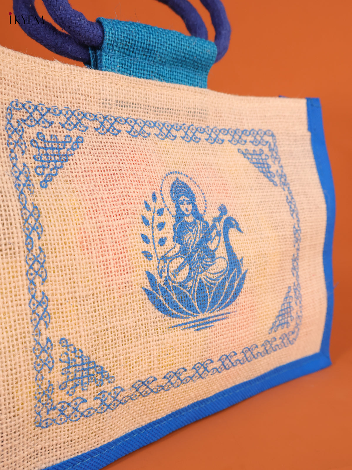 Traditional Blue Goddess Saraswathi Printed Jute Bag 2