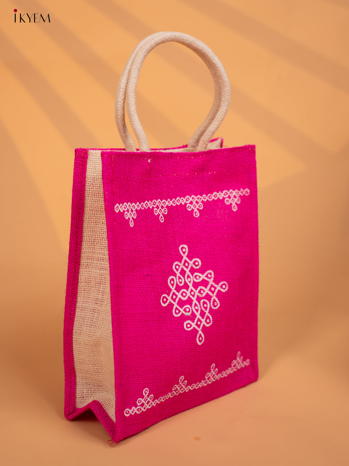 Traditional Pink Colour Jute Bags With Kolam Print